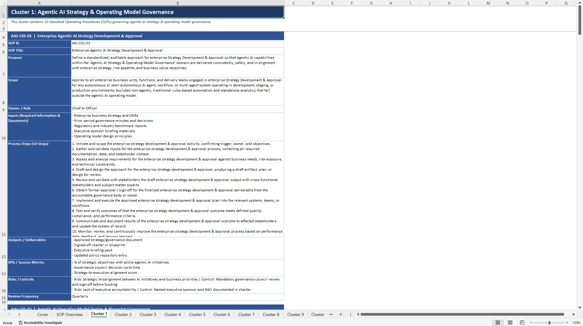 100+ Agentic AI Operating Model SOPs (Excel template (XLSX)) Preview Image