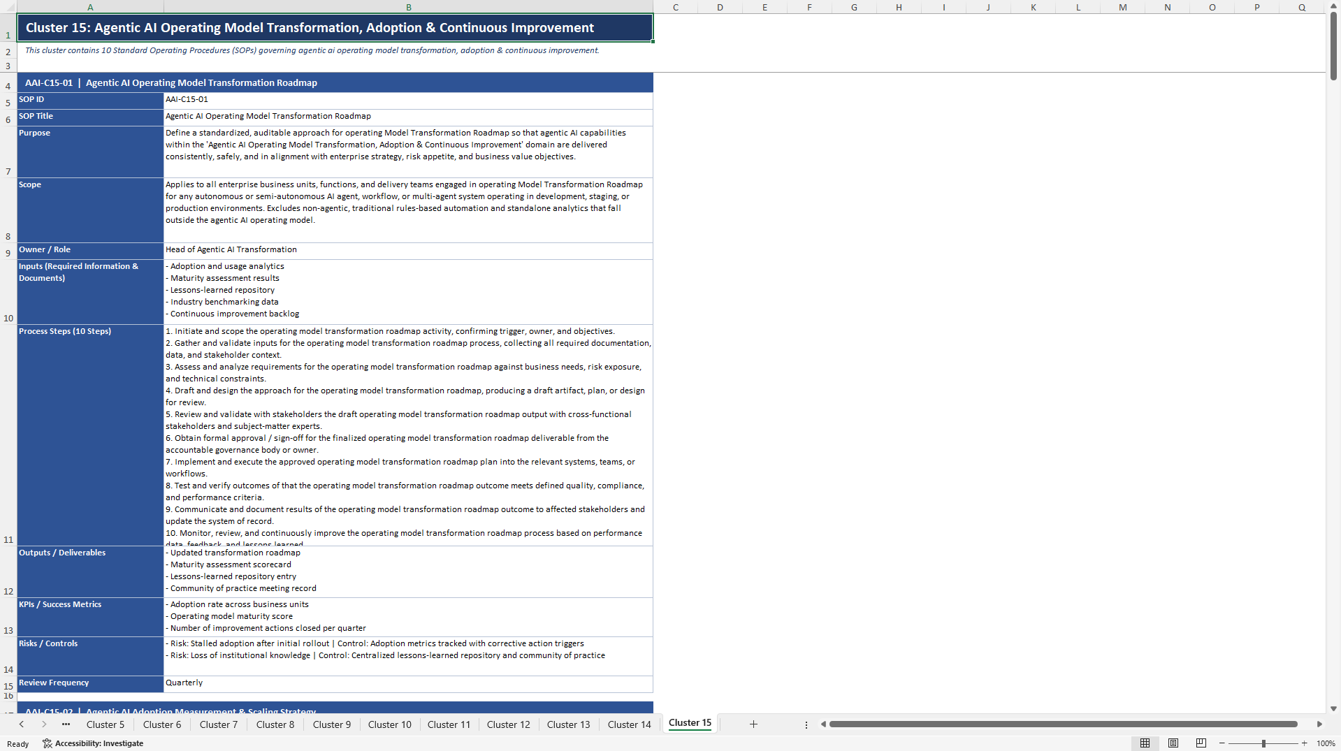 100+ Agentic AI Operating Model SOPs (Excel template (XLSX)) Preview Image