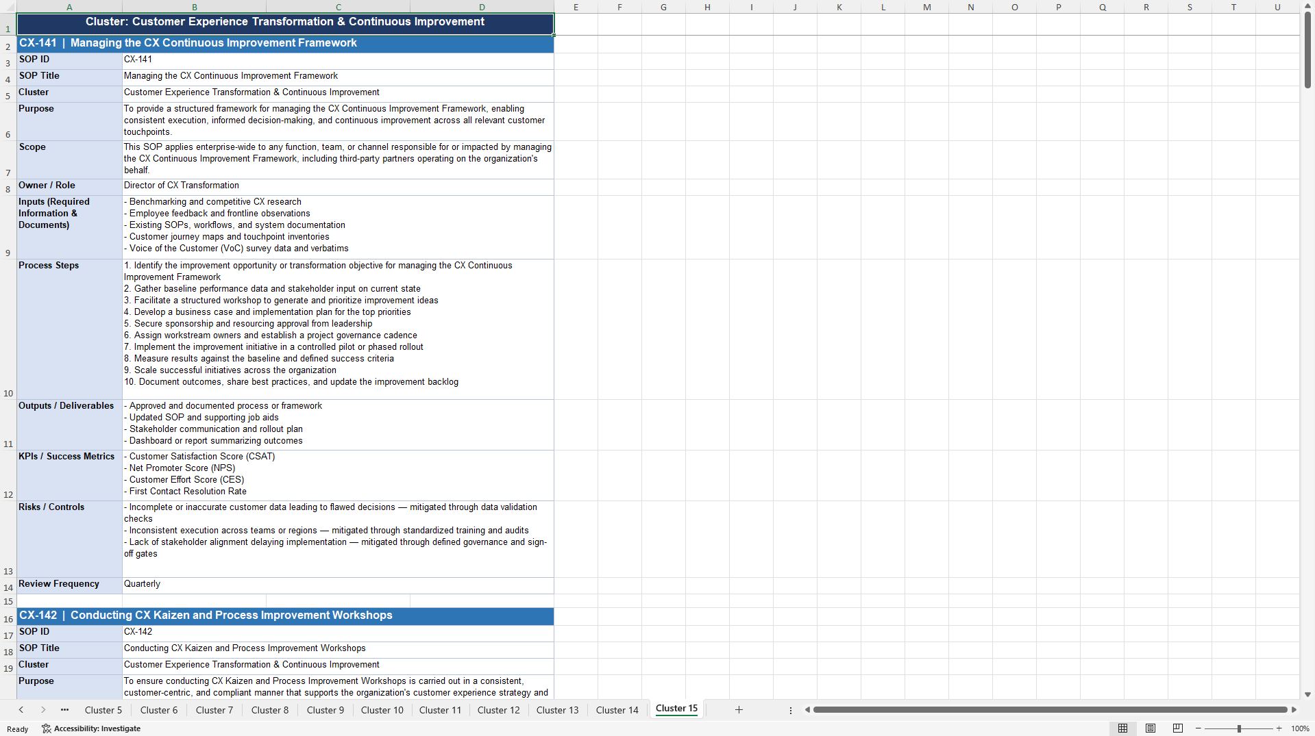 100+ Customer Experience Enhancement SOPs (Excel template (XLSX)) Preview Image
