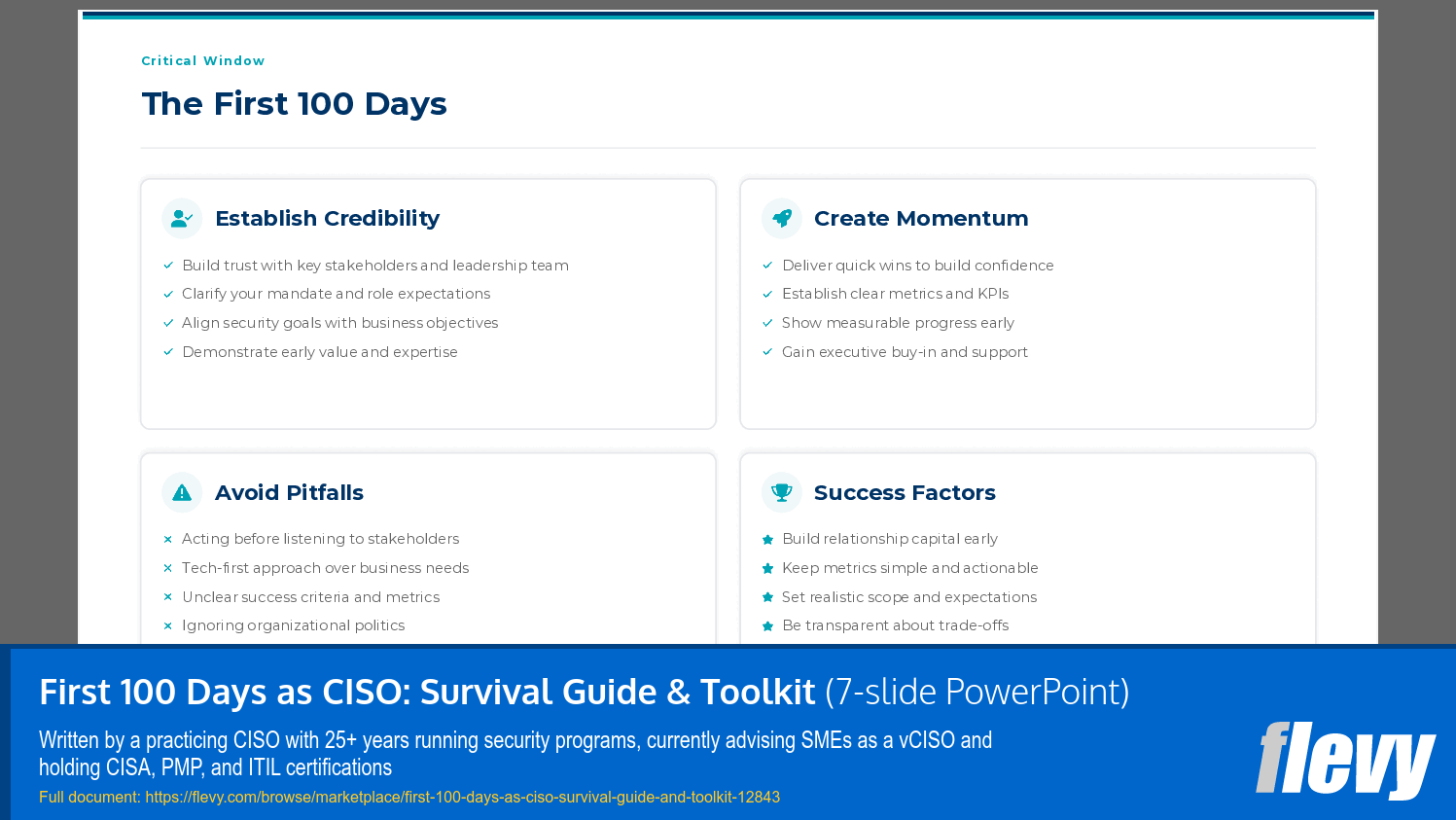 First 100 Days as CISO: Survival Guide & Toolkit (7-slide PPT PowerPoint presentation template (PPTX)) Preview Image