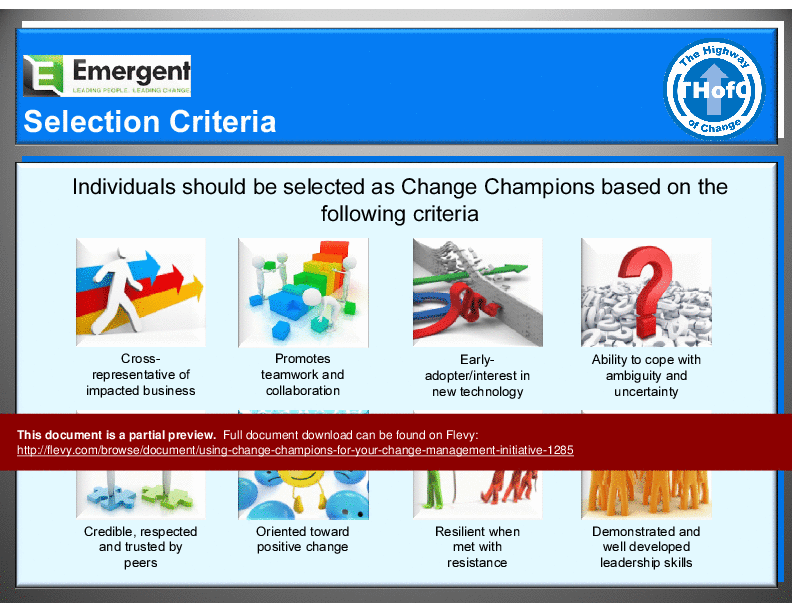 This is a partial preview of Using Change Champions for Your Change Management Initiative (44-slide PowerPoint presentation (PPT)). Full document is 44 slides. 