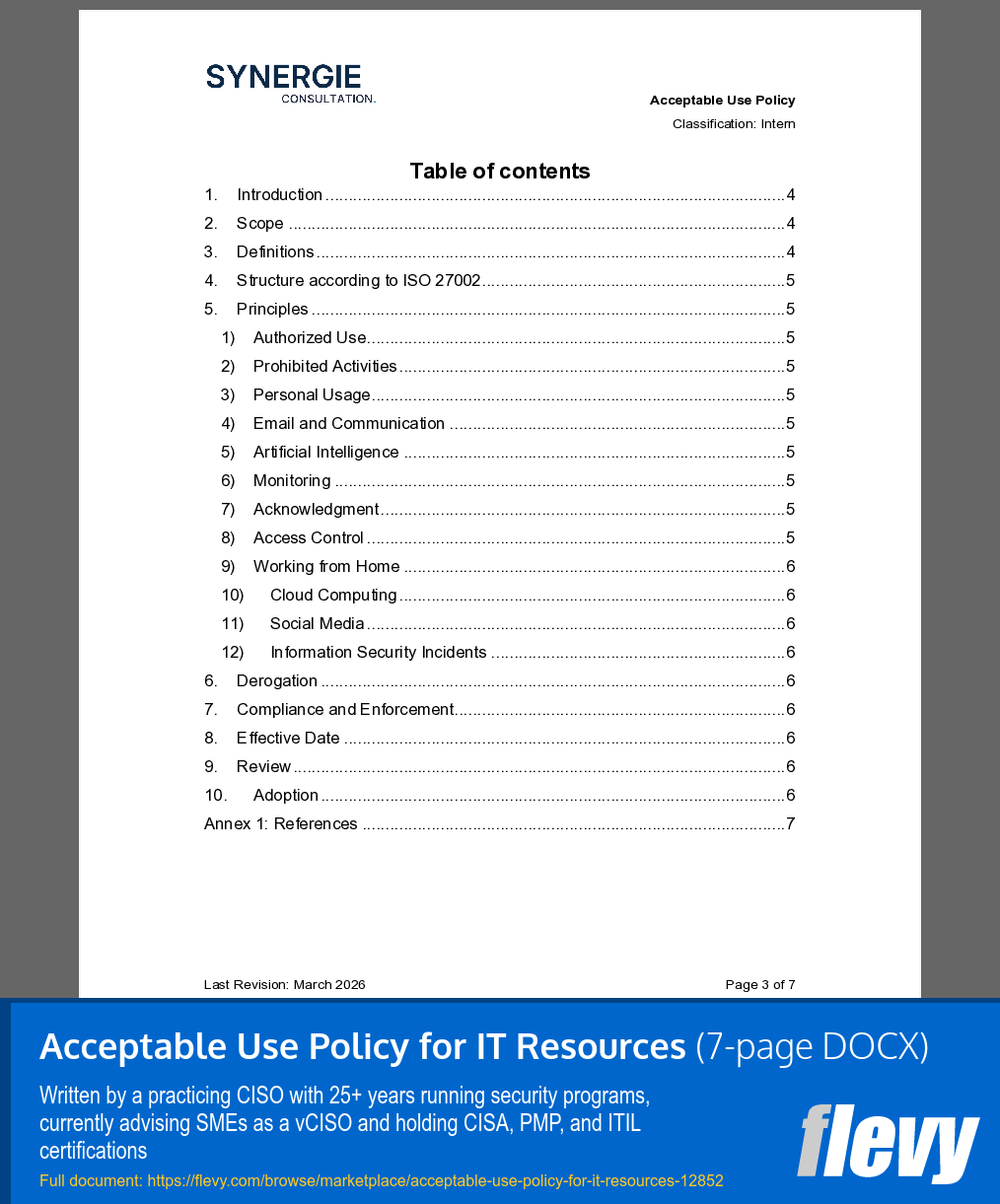 Acceptable Use Policy for IT Resources (7-page Word document) Preview Image