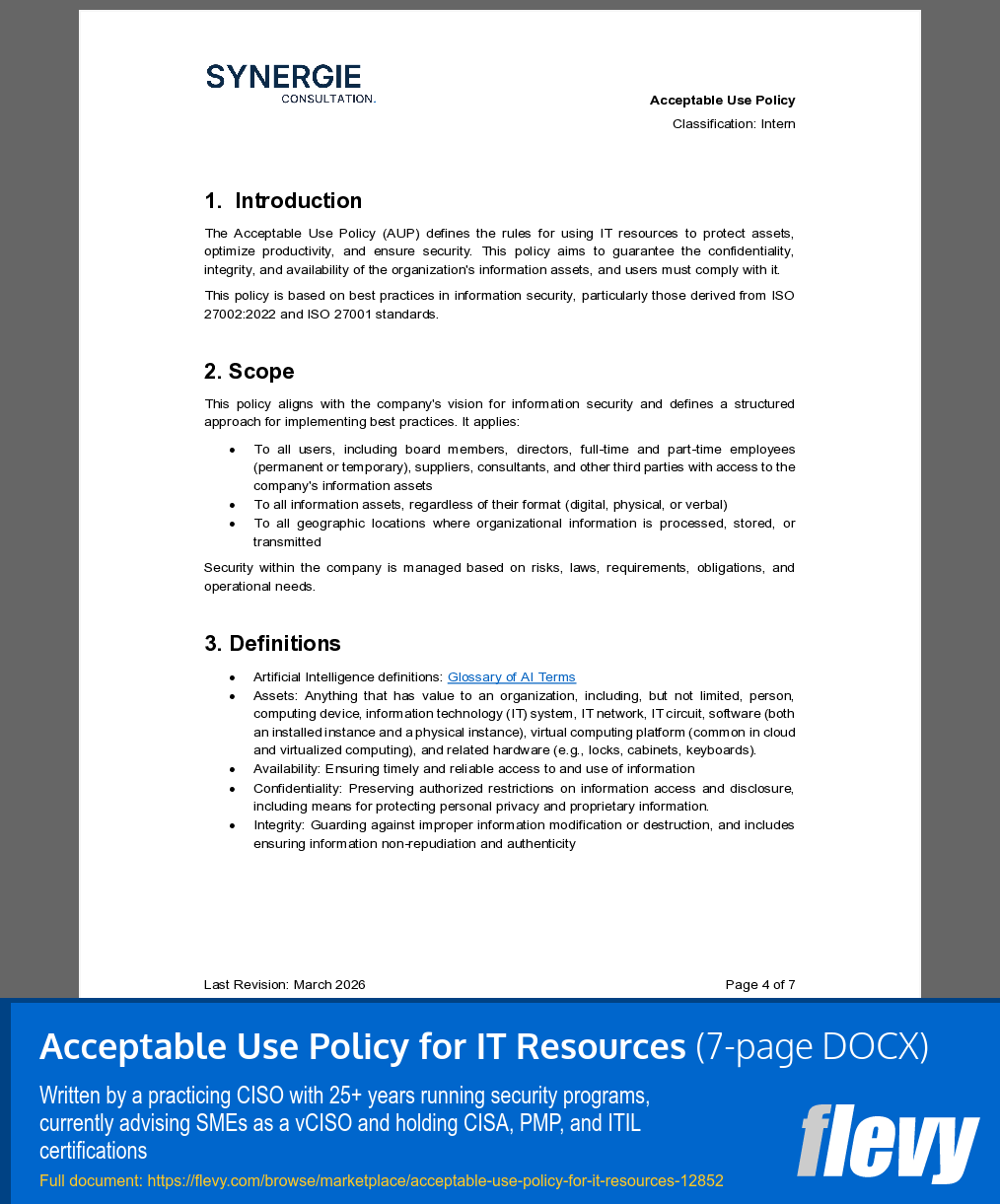 Acceptable Use Policy for IT Resources (7-page Word document) Preview Image