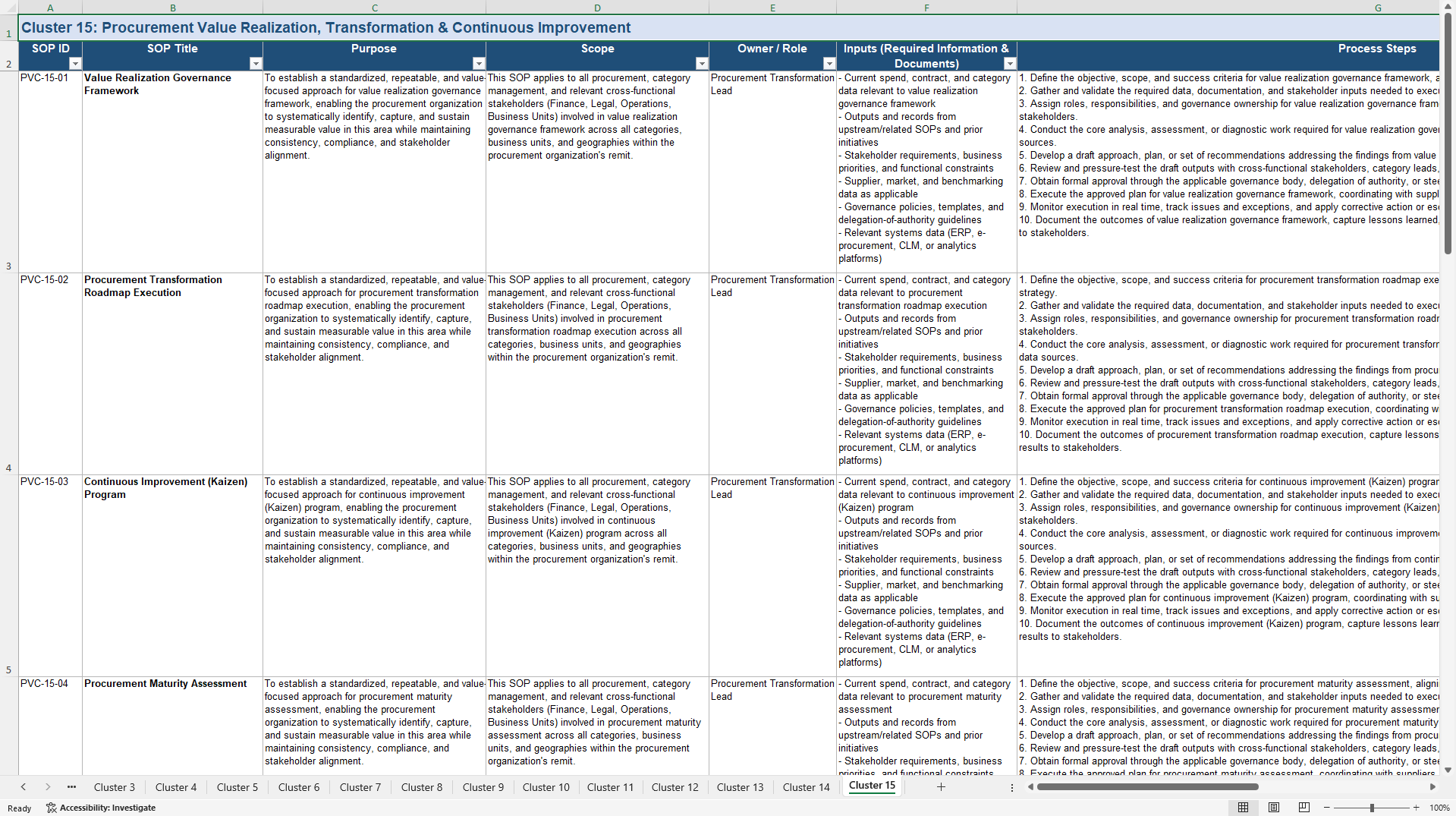 100+ Procurement Value Creation SOPs (Excel template (XLSX)) Preview Image