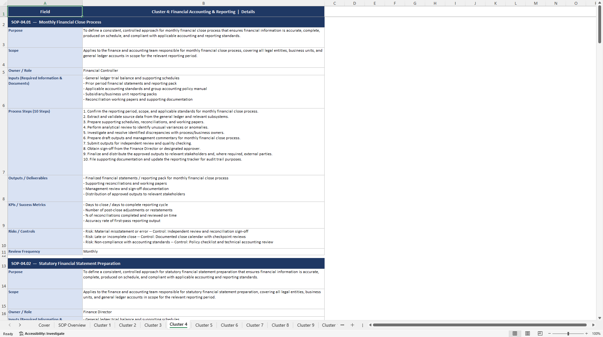 100+ Finance Director SOPs (Excel template (XLSX)) Preview Image