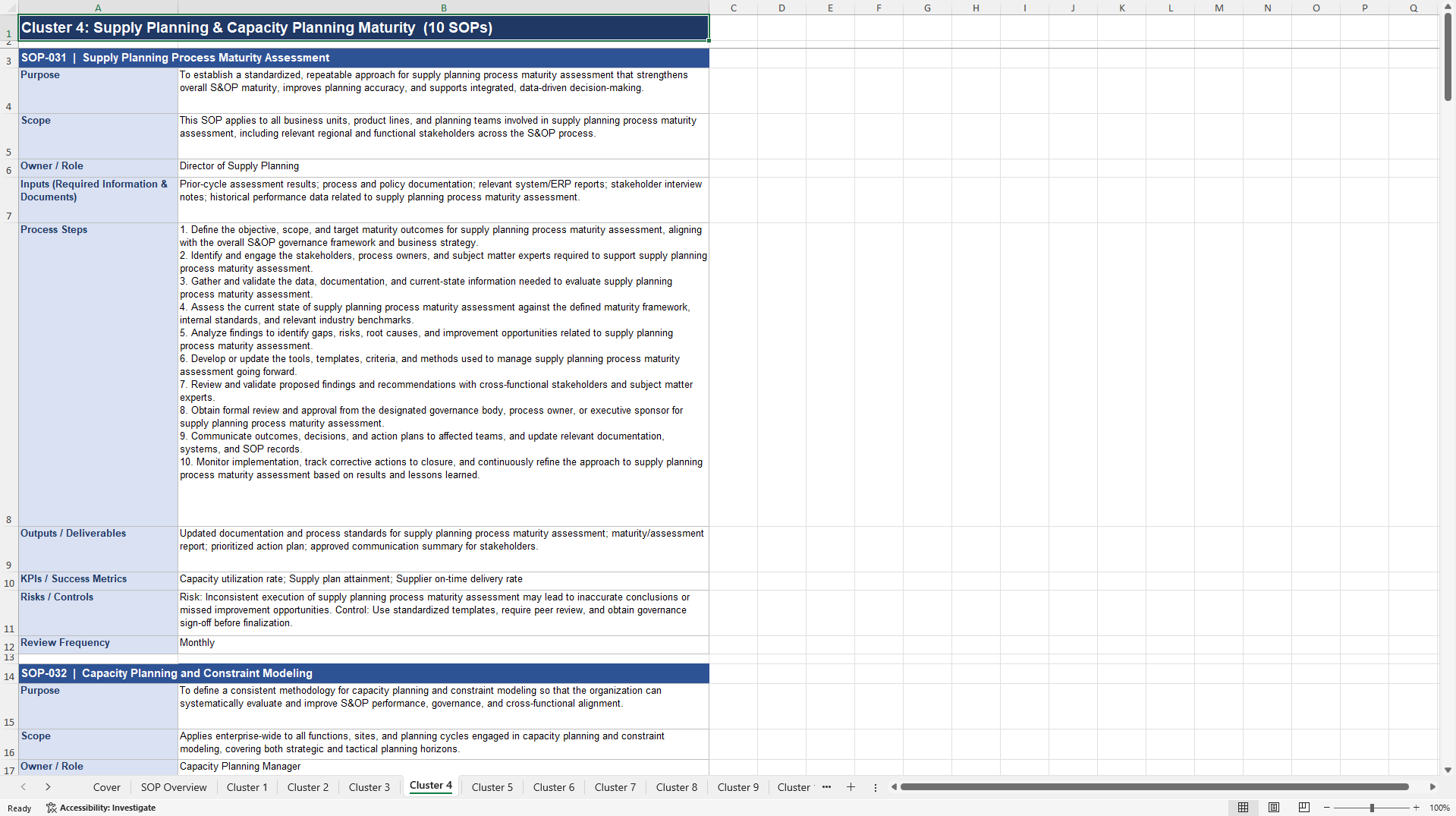Sales & Operations Planning (S&OP) Maturity Assessment SOPs (Excel template (XLSX)) Preview Image