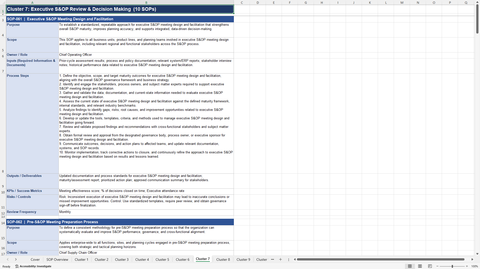 Sales & Operations Planning (S&OP) Maturity Assessment SOPs (Excel template (XLSX)) Preview Image