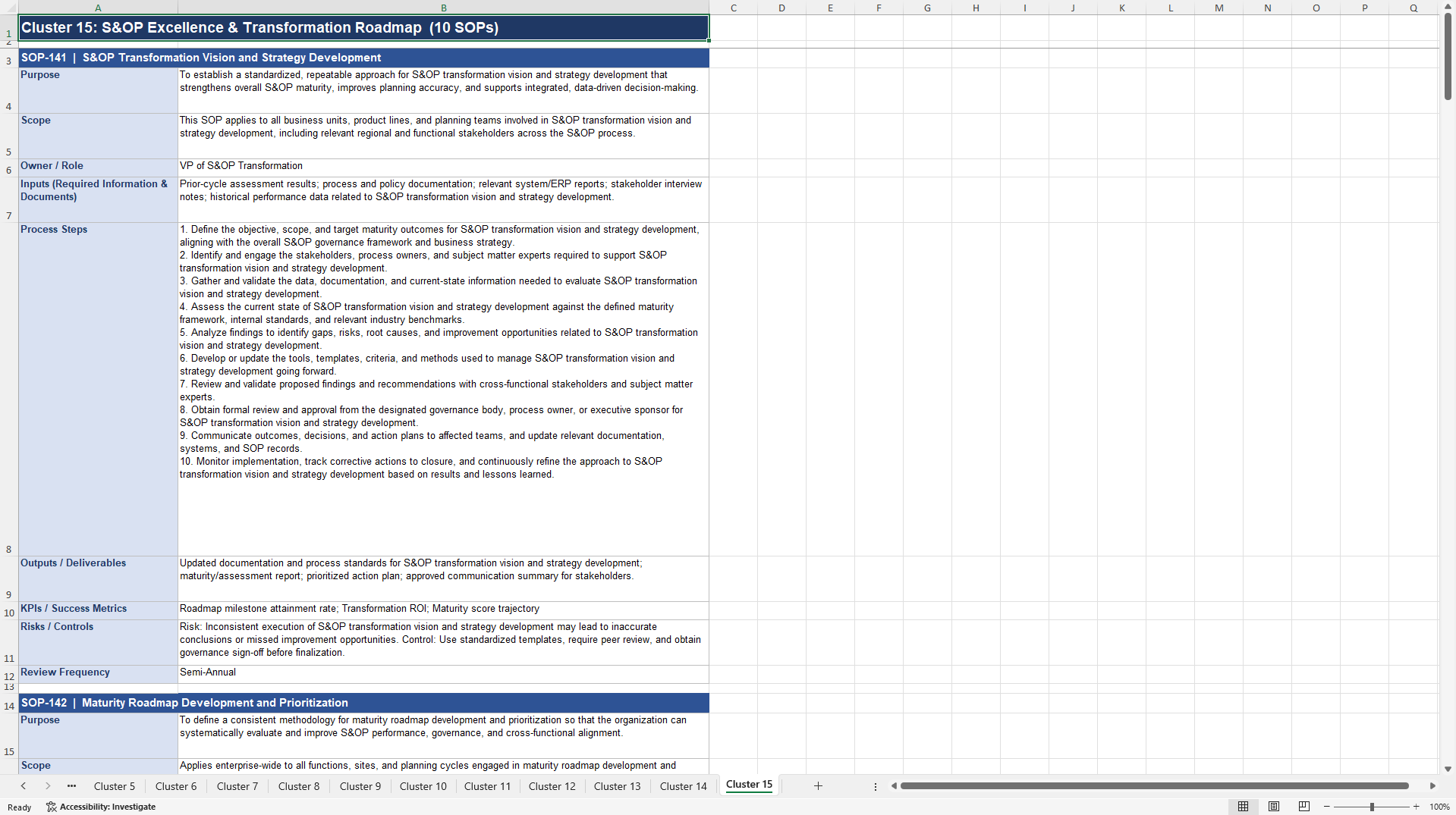 Sales & Operations Planning (S&OP) Maturity Assessment SOPs (Excel template (XLSX)) Preview Image
