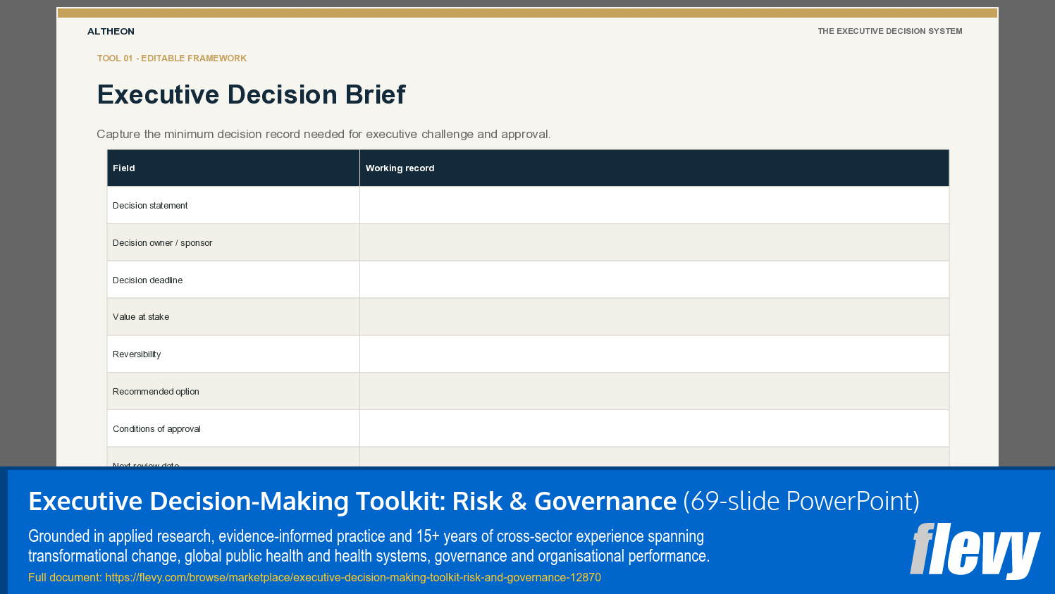 Executive Decision-Making Toolkit: Risk & Governance (69-slide PPT PowerPoint presentation template (PPTX)) Preview Image