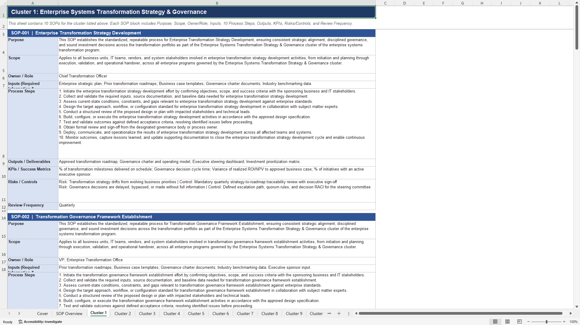 100+ Enterprise Systems Transformation SOPs (Excel template (XLSX)) Preview Image