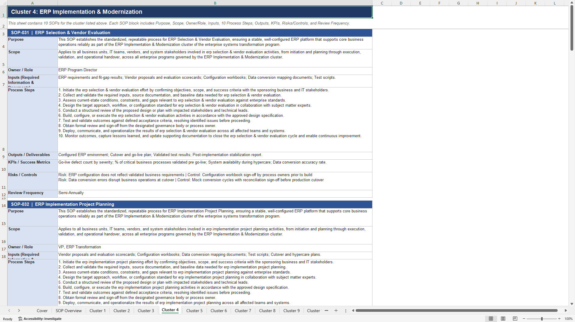 100+ Enterprise Systems Transformation SOPs (Excel template (XLSX)) Preview Image
