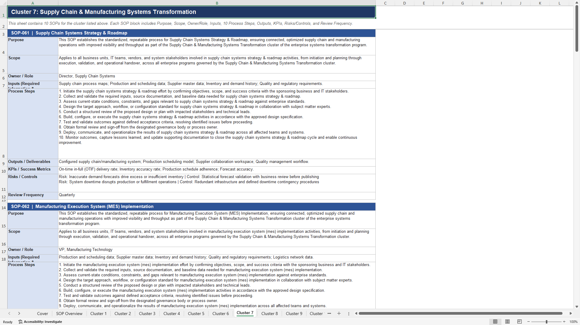 100+ Enterprise Systems Transformation SOPs (Excel template (XLSX)) Preview Image
