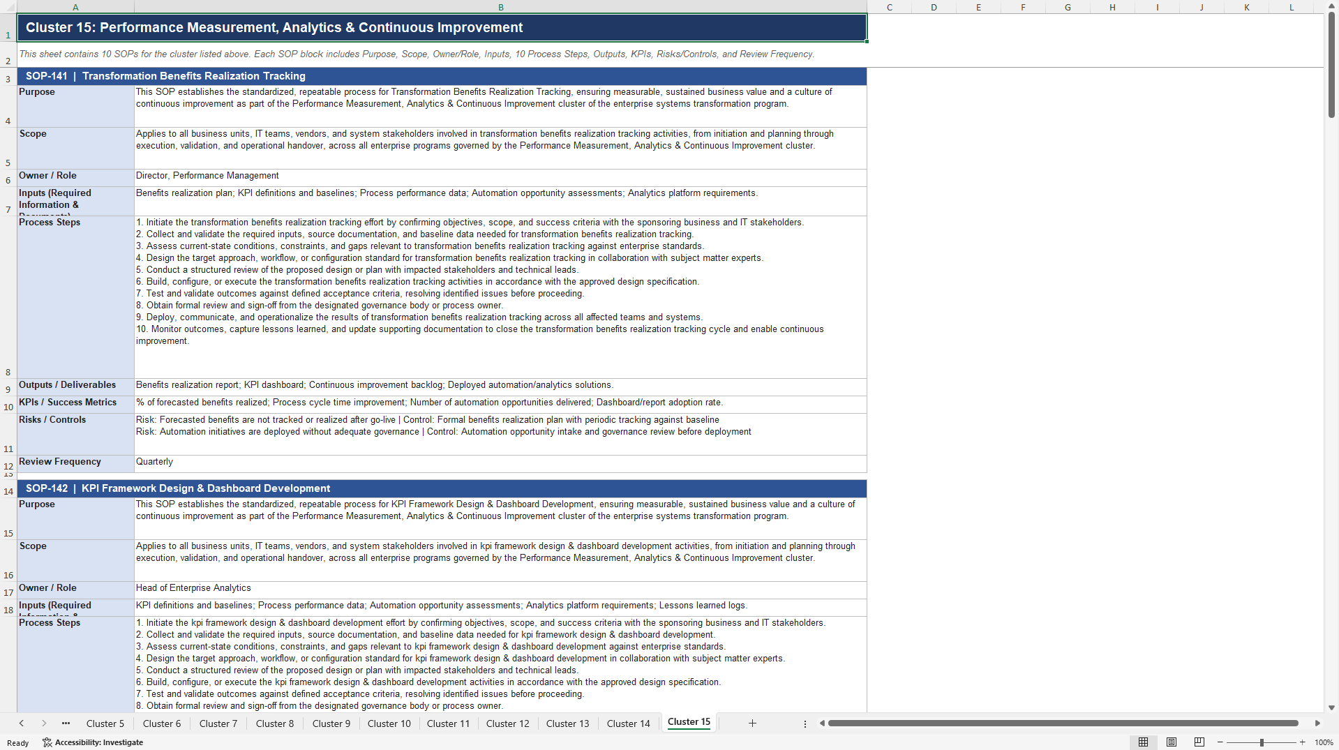 100+ Enterprise Systems Transformation SOPs (Excel template (XLSX)) Preview Image