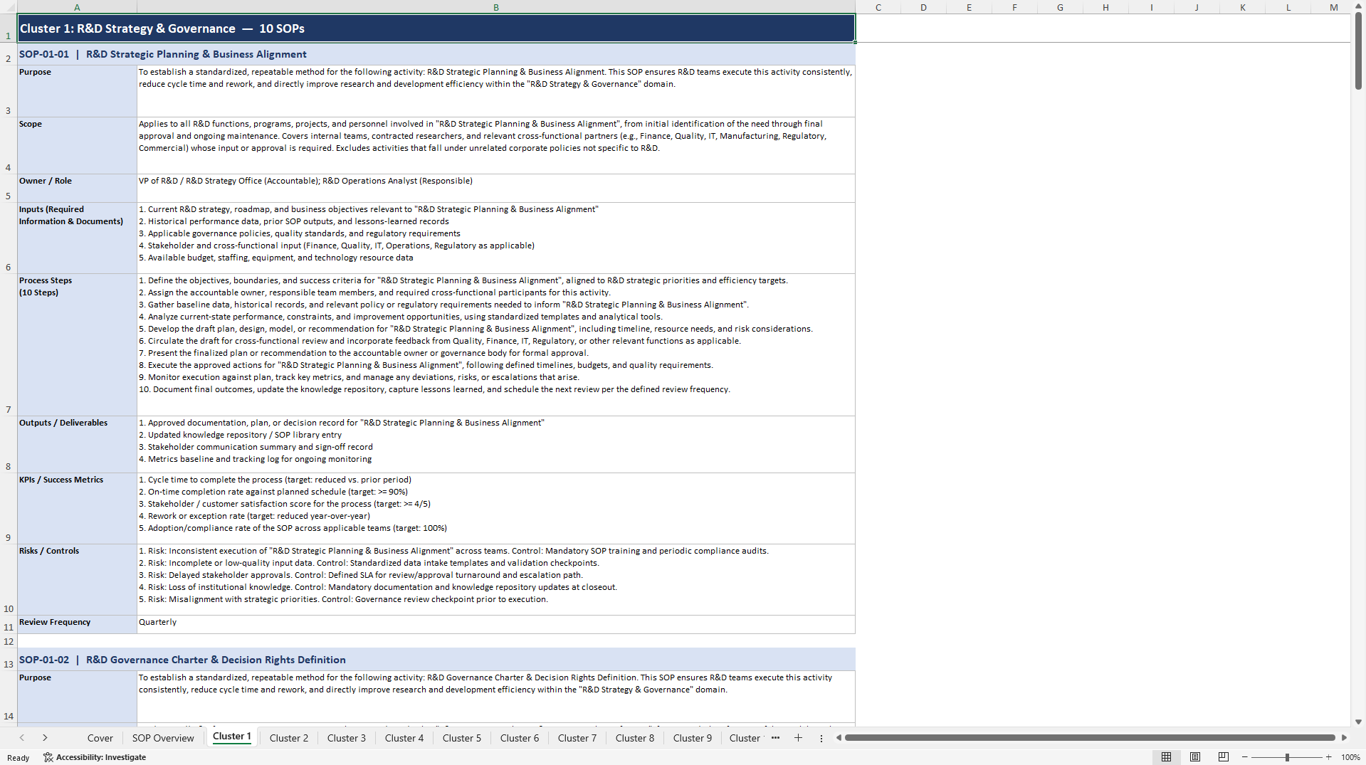 100+ Research & Development Efficiency Enhancement SOPs (Excel template (XLSX)) Preview Image