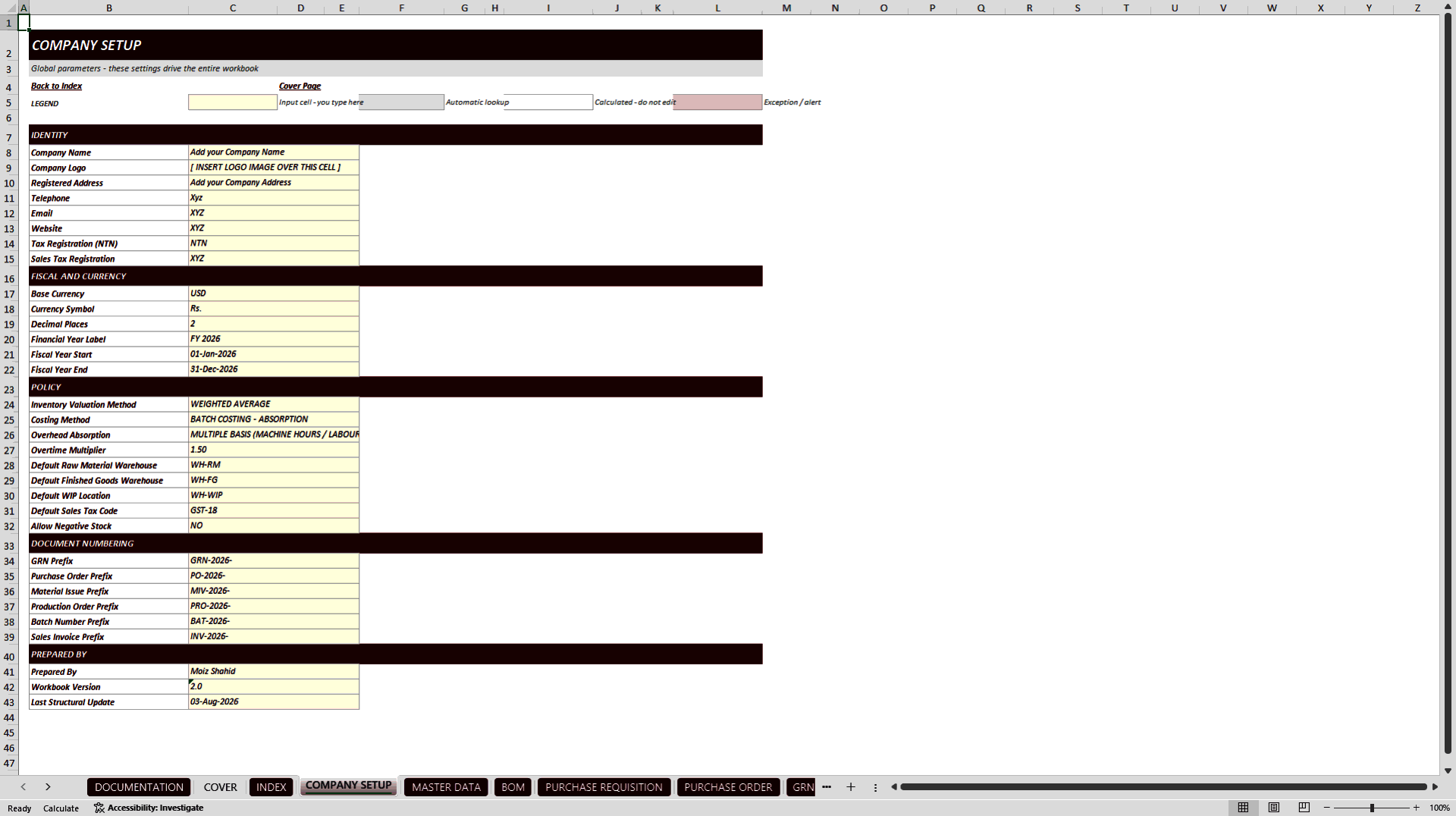 Manufacturing Costing & Inventory Management System (Excel template (XLSX)) Preview Image