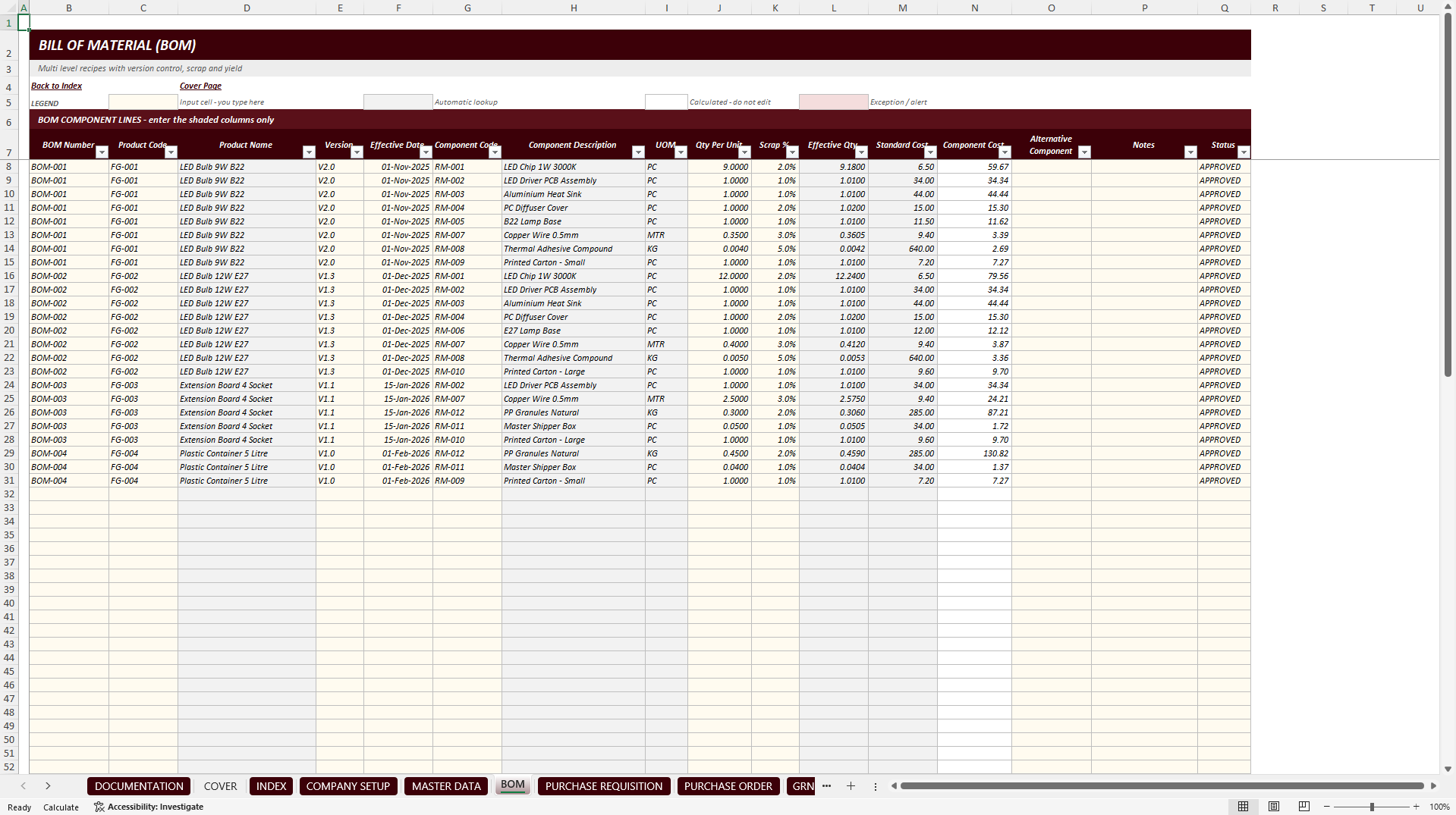 Manufacturing Costing & Inventory Management System (Excel template (XLSX)) Preview Image
