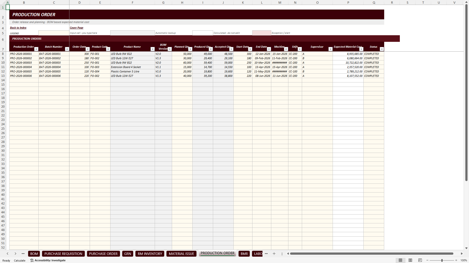 Manufacturing Costing & Inventory Management System (Excel template (XLSX)) Preview Image