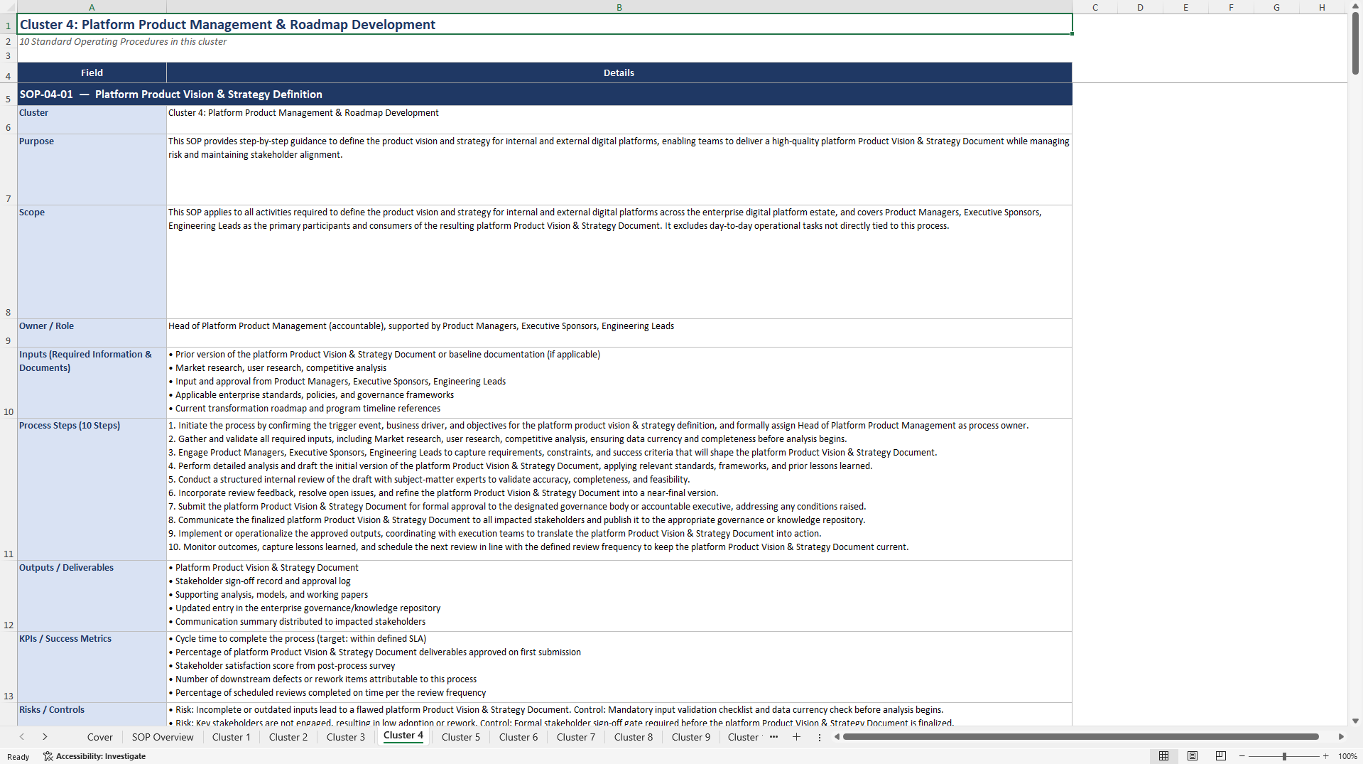 100+ Digital Platform Transformation SOPs (Excel template (XLSX)) Preview Image