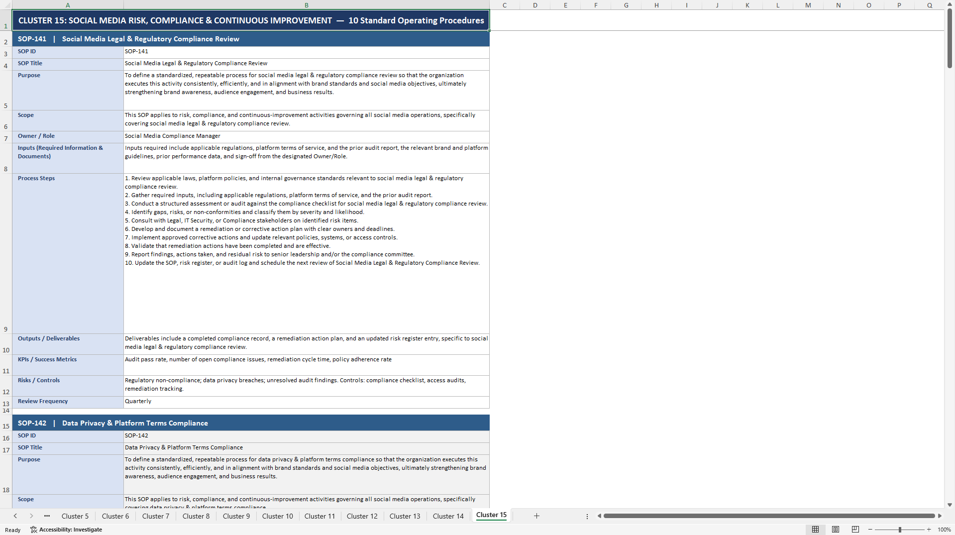 100+ Social Media Marketing SOPs (Excel template (XLSX)) Preview Image