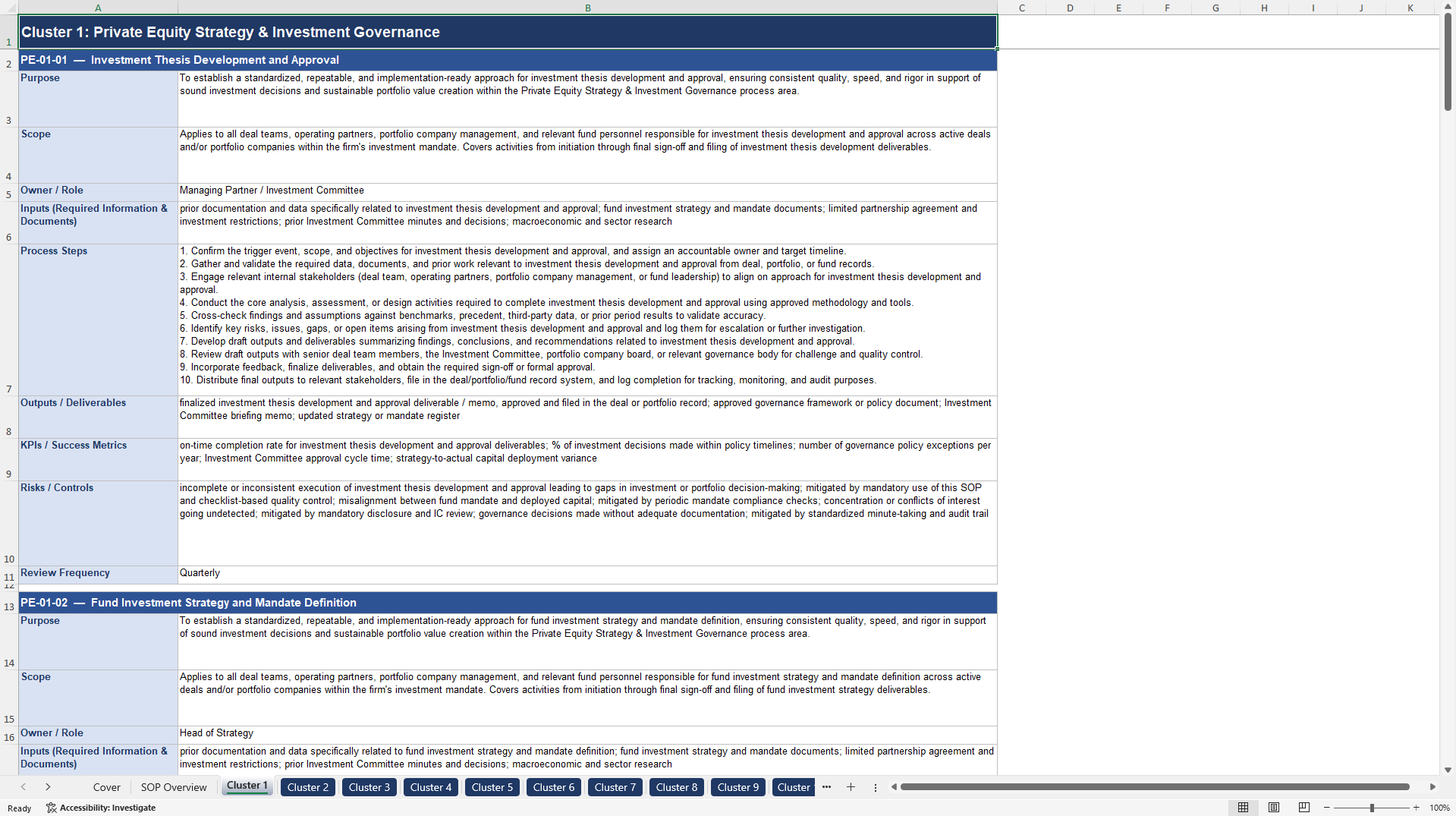 100+ Private Equity (PE) Advisor SOPs (Excel template (XLSX)) Preview Image