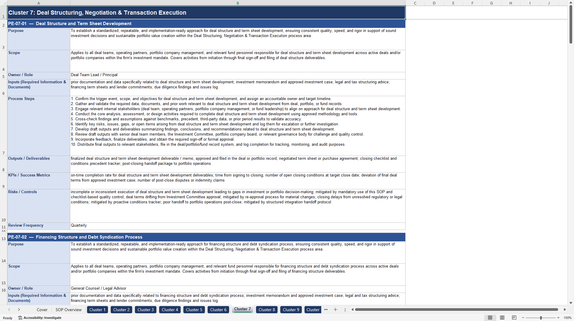 100+ Private Equity (PE) Advisor SOPs (Excel template (XLSX)) Preview Image