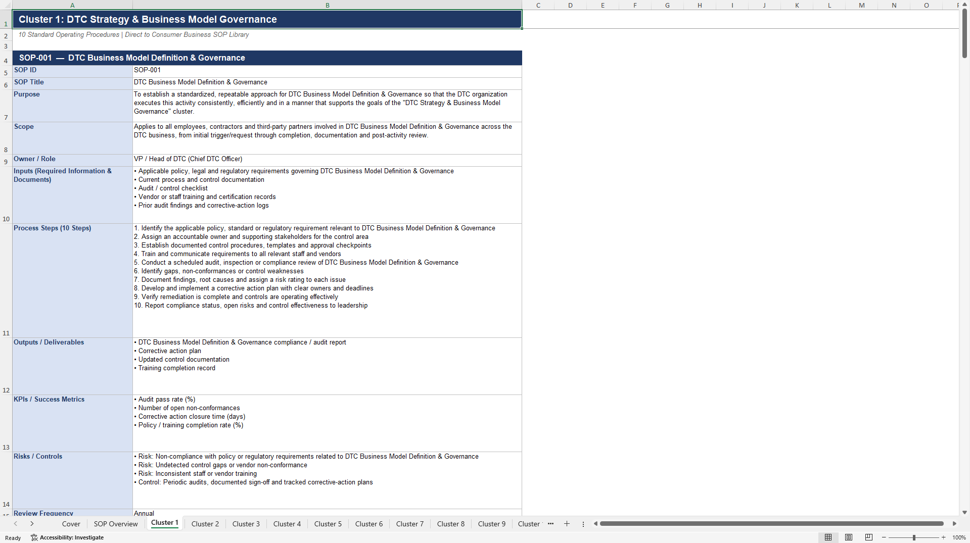 100+ Direct to Consumer (D2C) Business SOPs (Excel template (XLSX)) Preview Image