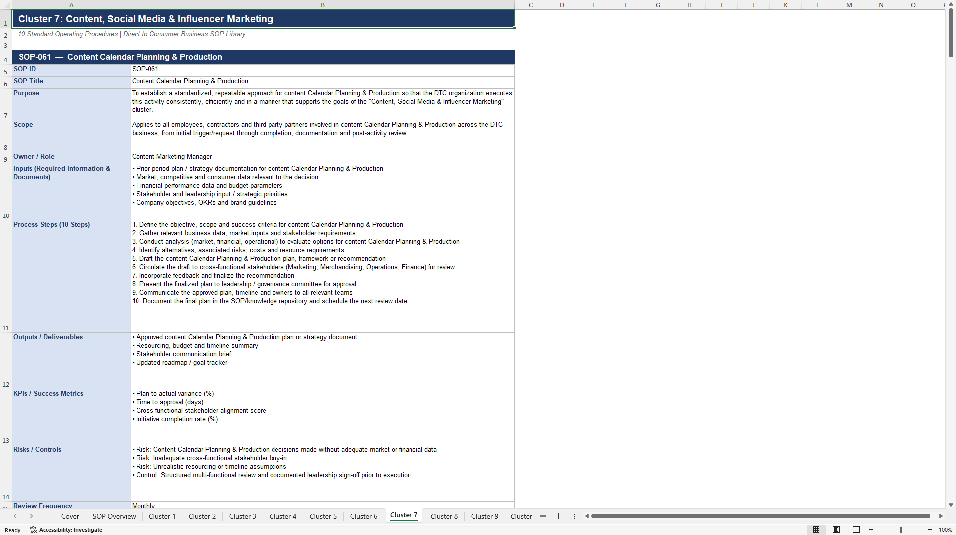 100+ Direct to Consumer (D2C) Business SOPs (Excel template (XLSX)) Preview Image