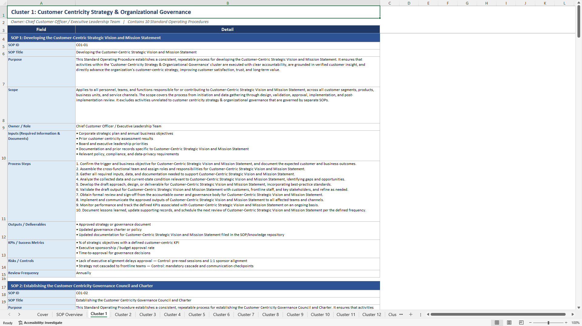 100+ Customer Centric Organization SOPs (Excel template (XLSX)) Preview Image