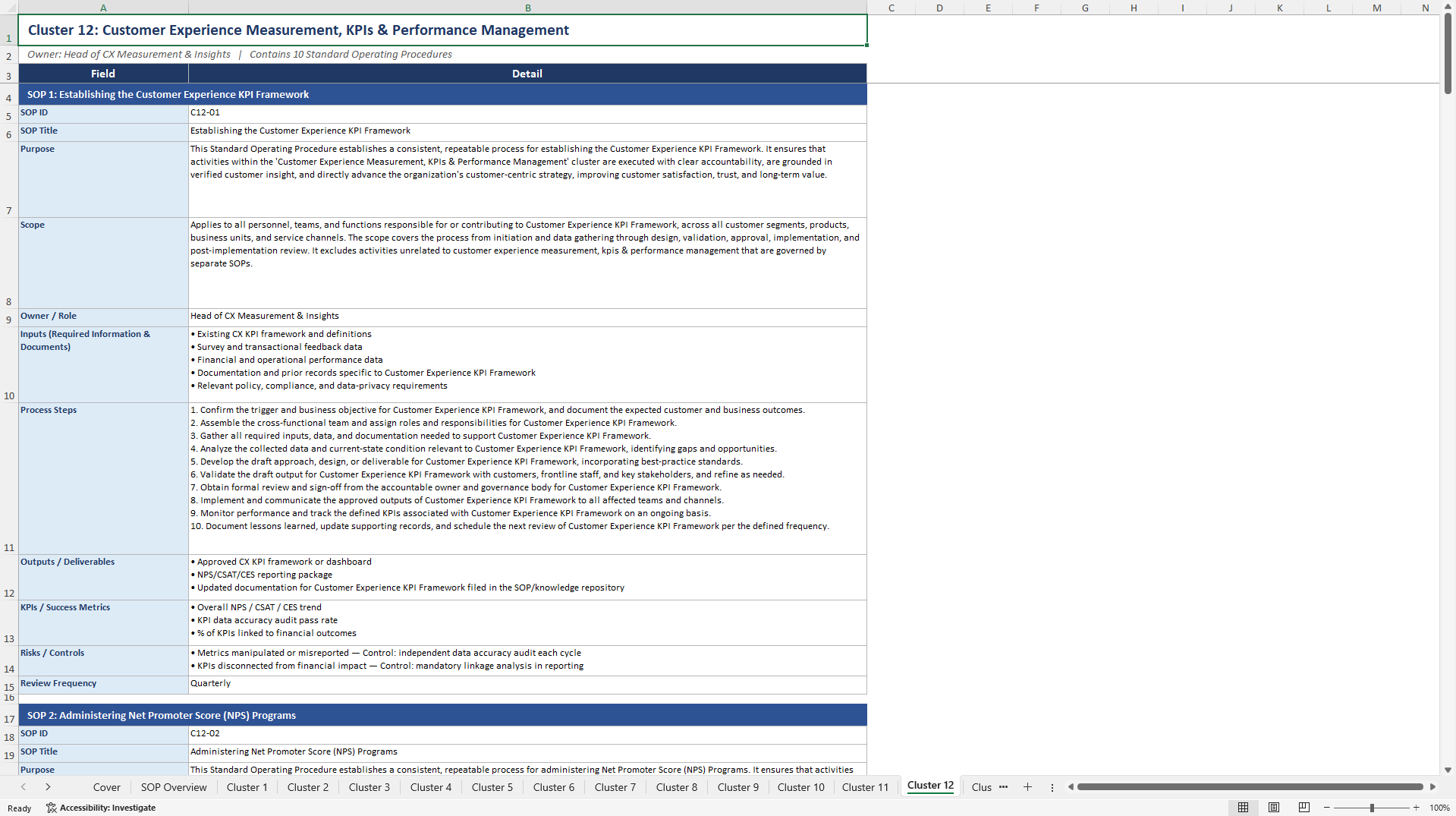 100+ Customer Centric Organization SOPs (Excel template (XLSX)) Preview Image