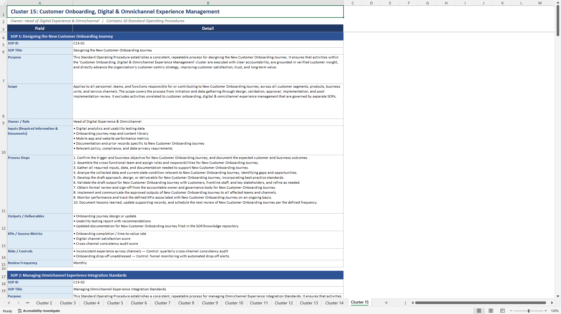 100+ Customer Centric Organization SOPs (Excel template (XLSX)) Preview Image