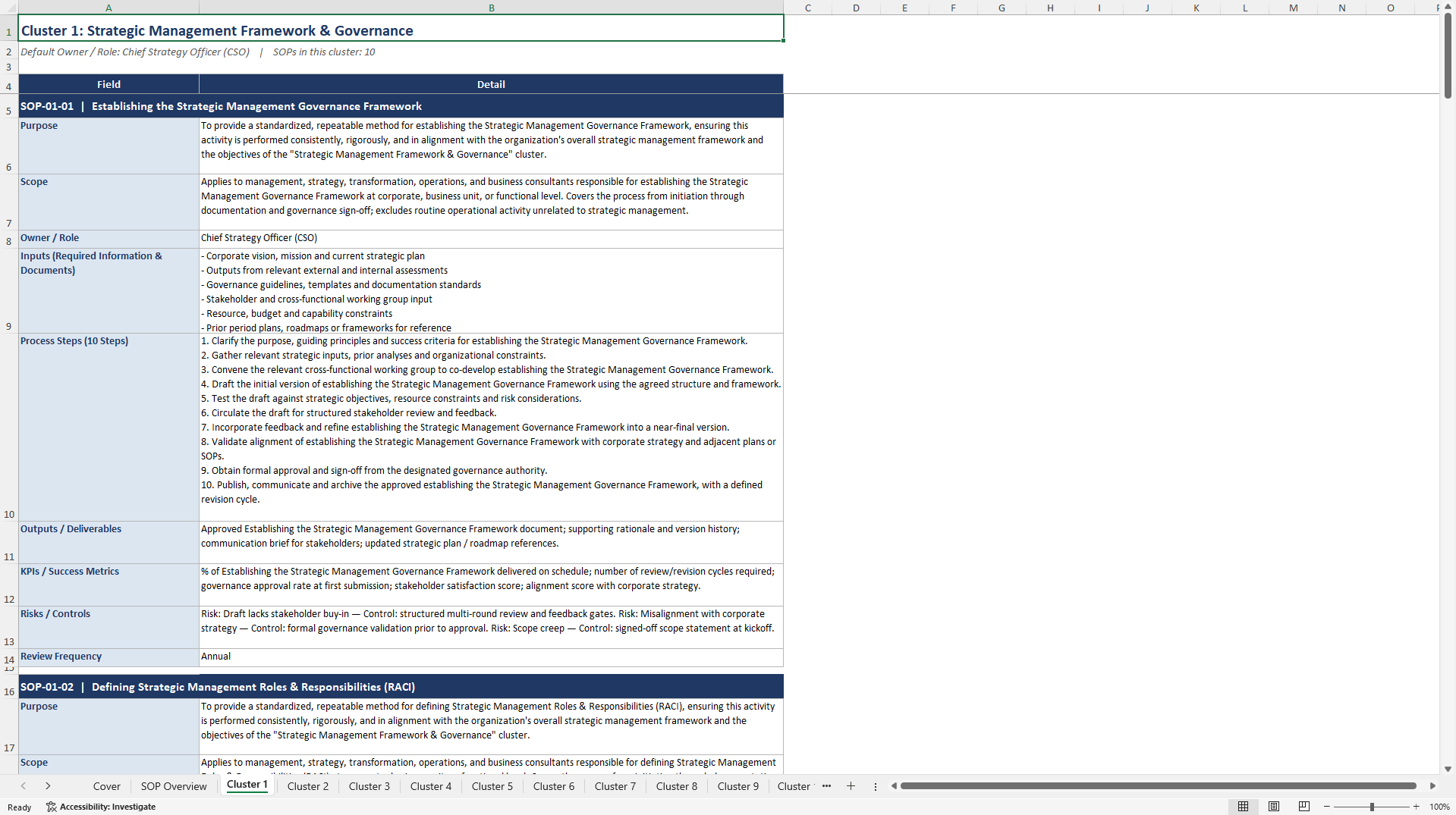 100+ Strategic Management SOPs (Excel template (XLSX)) Preview Image