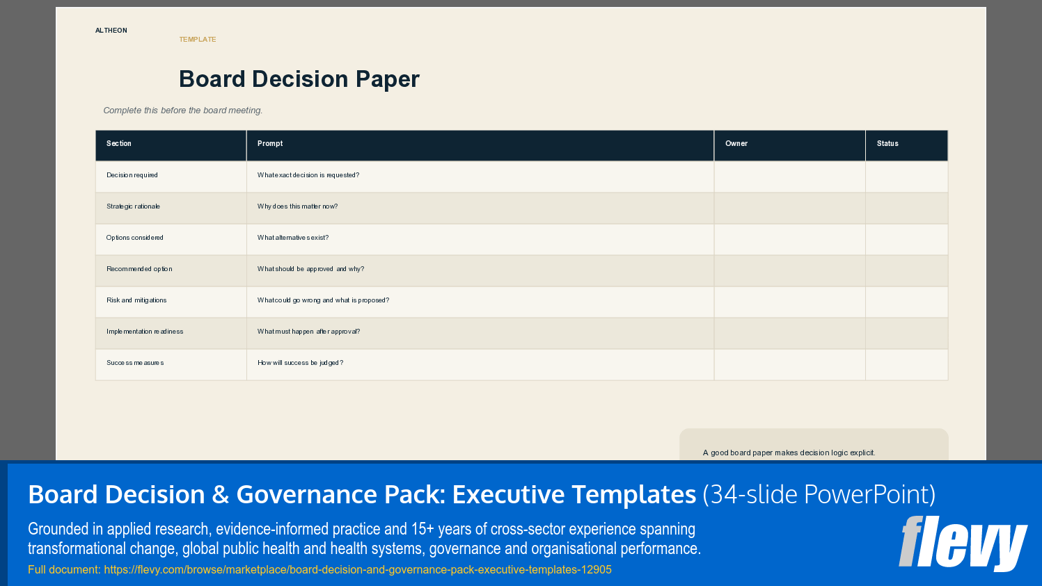 Board Decision & Governance Pack: Executive Templates (34-slide PPT PowerPoint presentation template (PPTX)) Preview Image