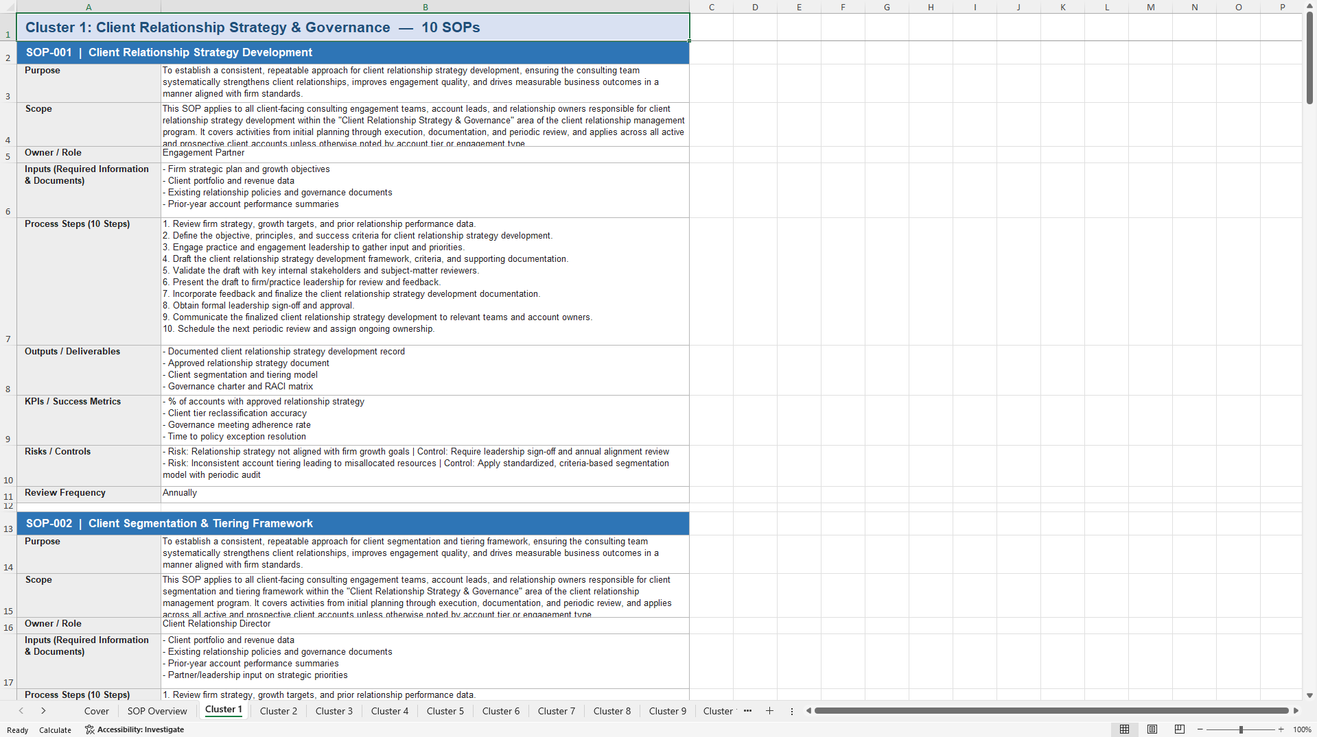 100+ Consulting Client & Relationship Management SOPs (Excel template (XLSX)) Preview Image