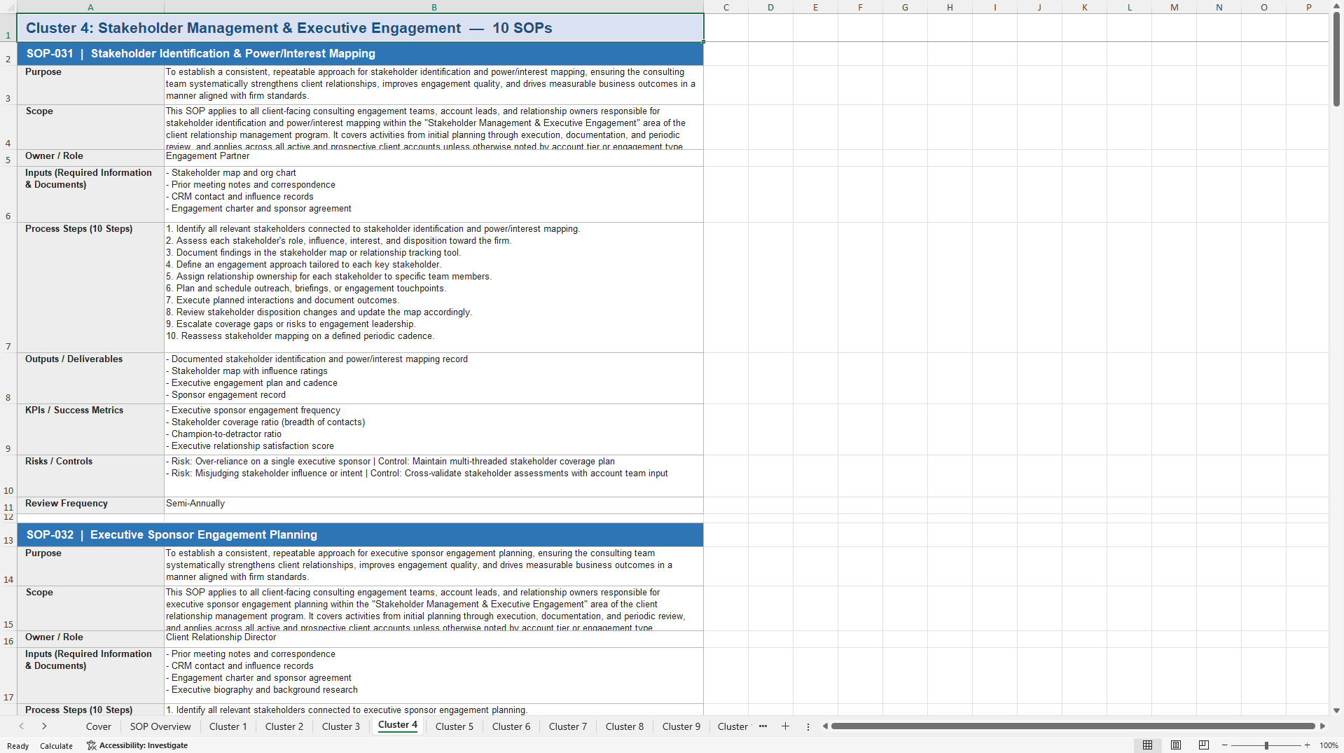 100+ Consulting Client & Relationship Management SOPs (Excel template (XLSX)) Preview Image