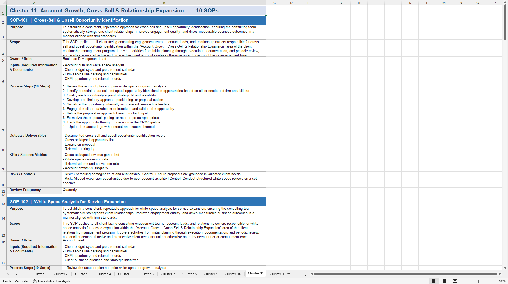 100+ Consulting Client & Relationship Management SOPs (Excel template (XLSX)) Preview Image