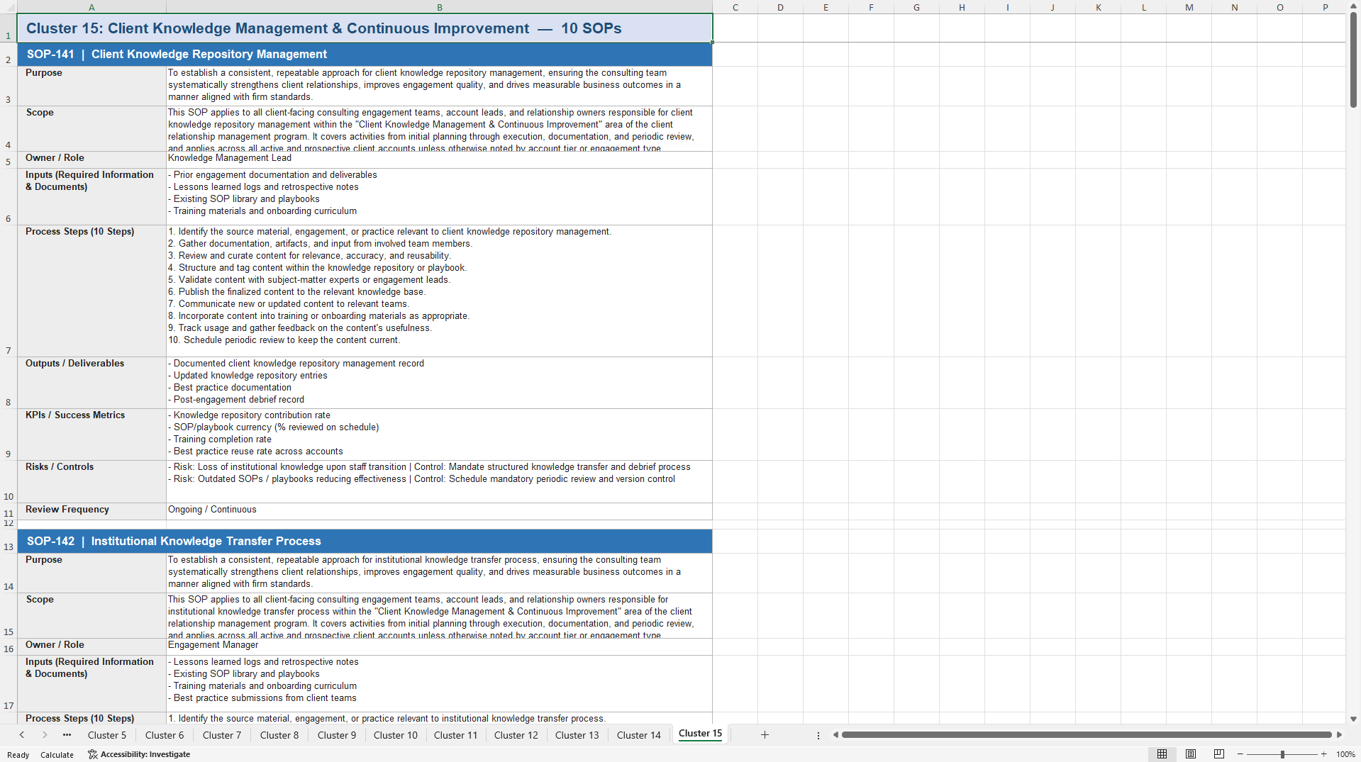 100+ Consulting Client & Relationship Management SOPs (Excel template (XLSX)) Preview Image