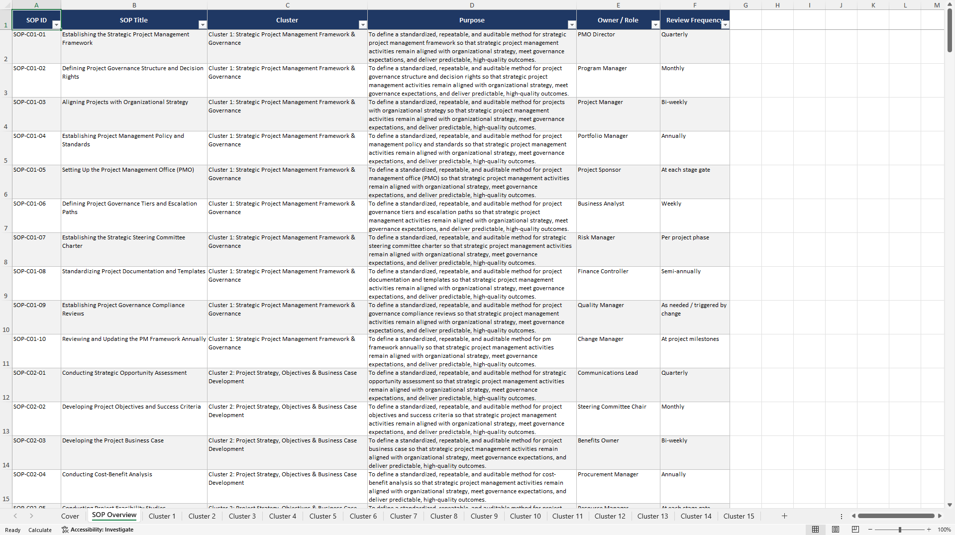 100+ Strategic Project Management SOPs (Excel template (XLSX)) Preview Image