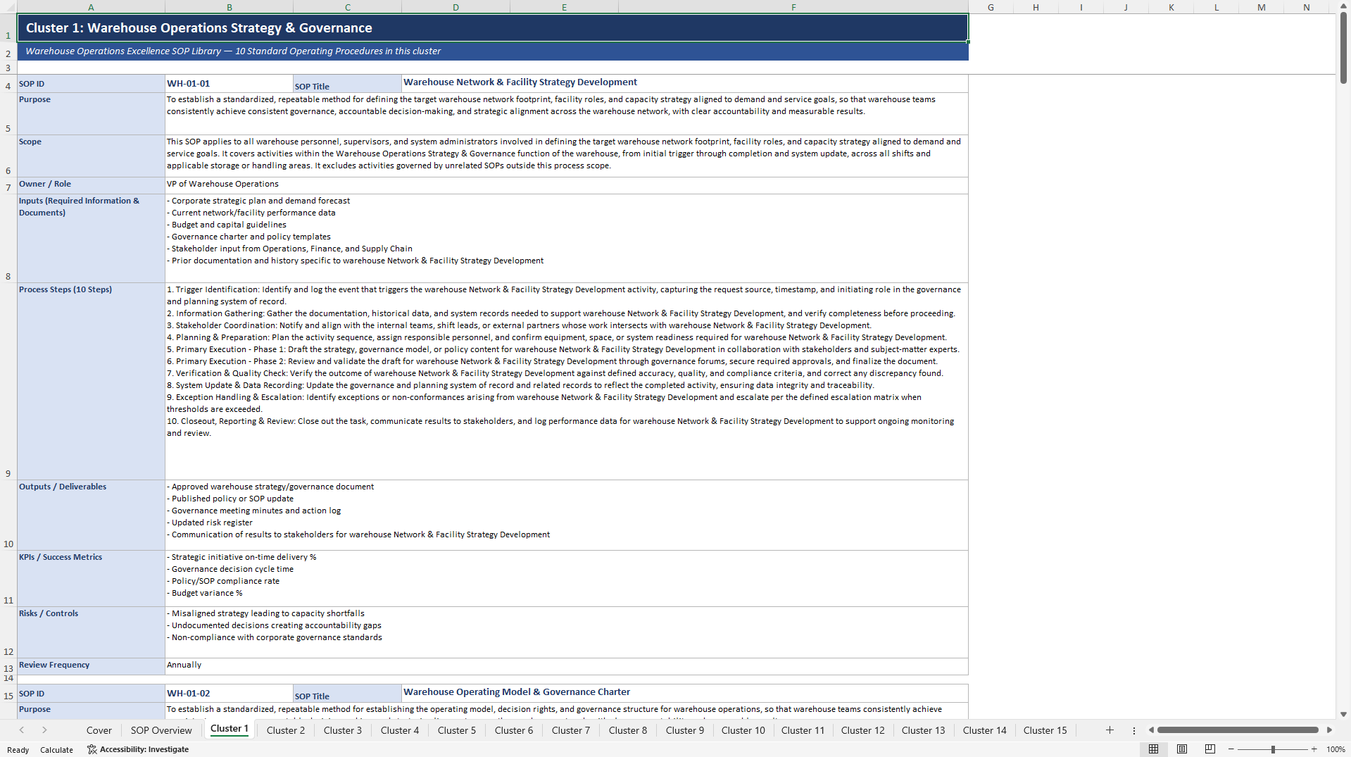 100+ Warehouse Operations Excellence SOPs (Excel template (XLSX)) Preview Image