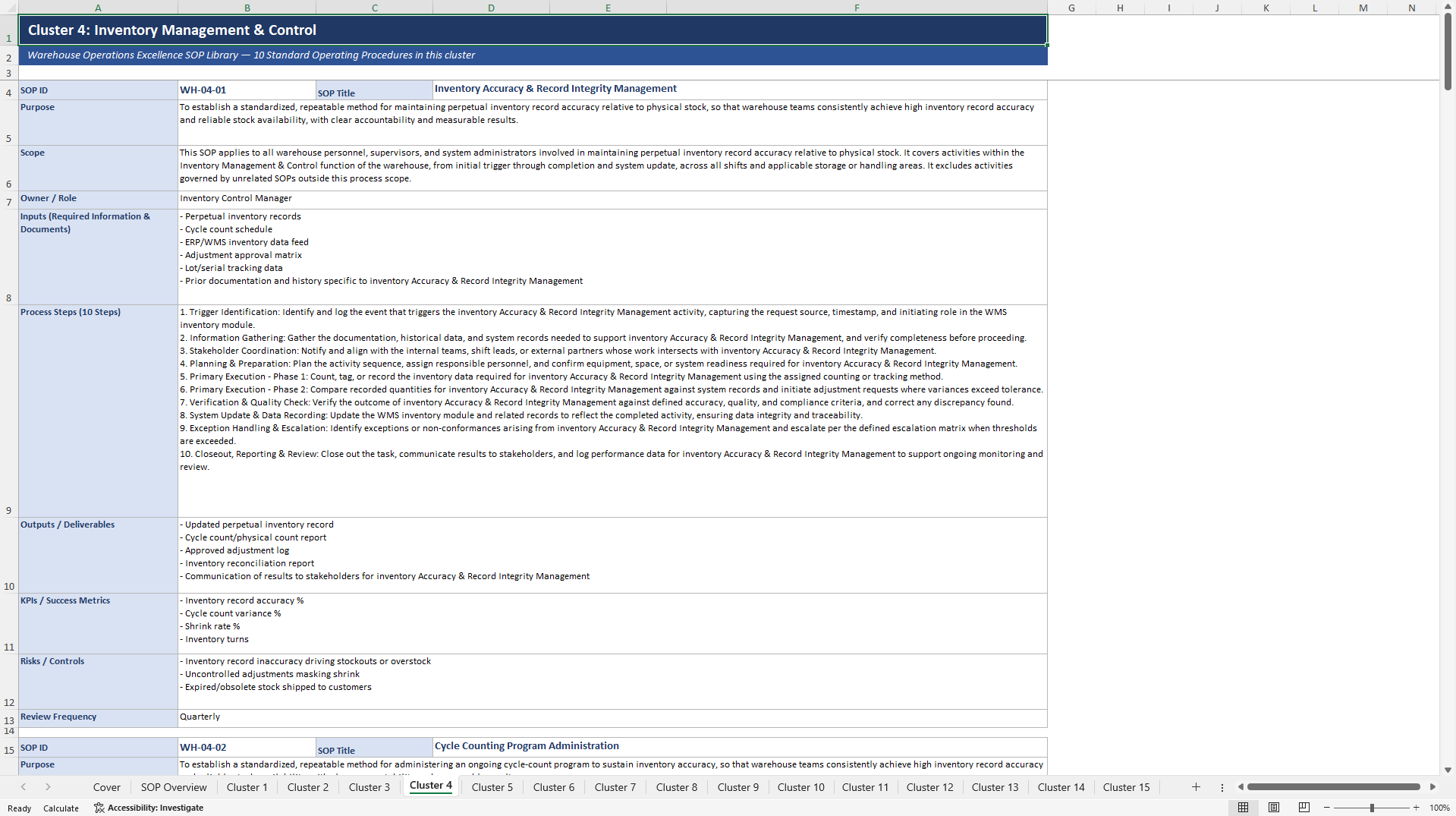100+ Warehouse Operations Excellence SOPs (Excel template (XLSX)) Preview Image
