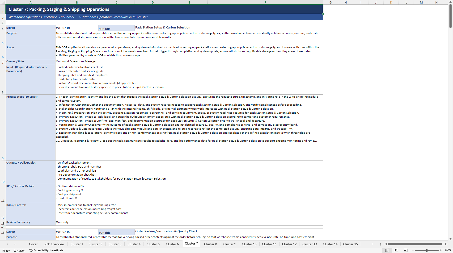 100+ Warehouse Operations Excellence SOPs (Excel template (XLSX)) Preview Image