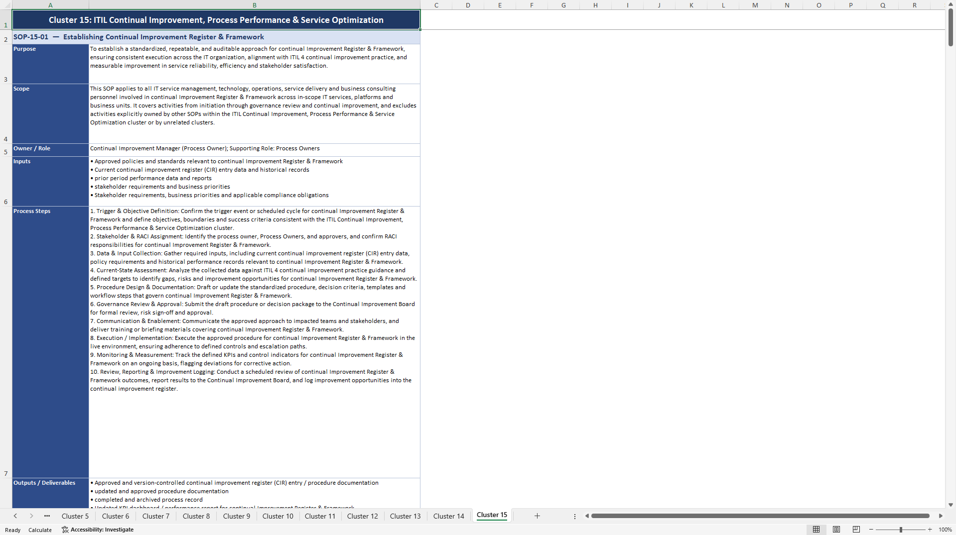 100+ ITIL Process Enhancement SOPs (Excel template (XLSX)) Preview Image