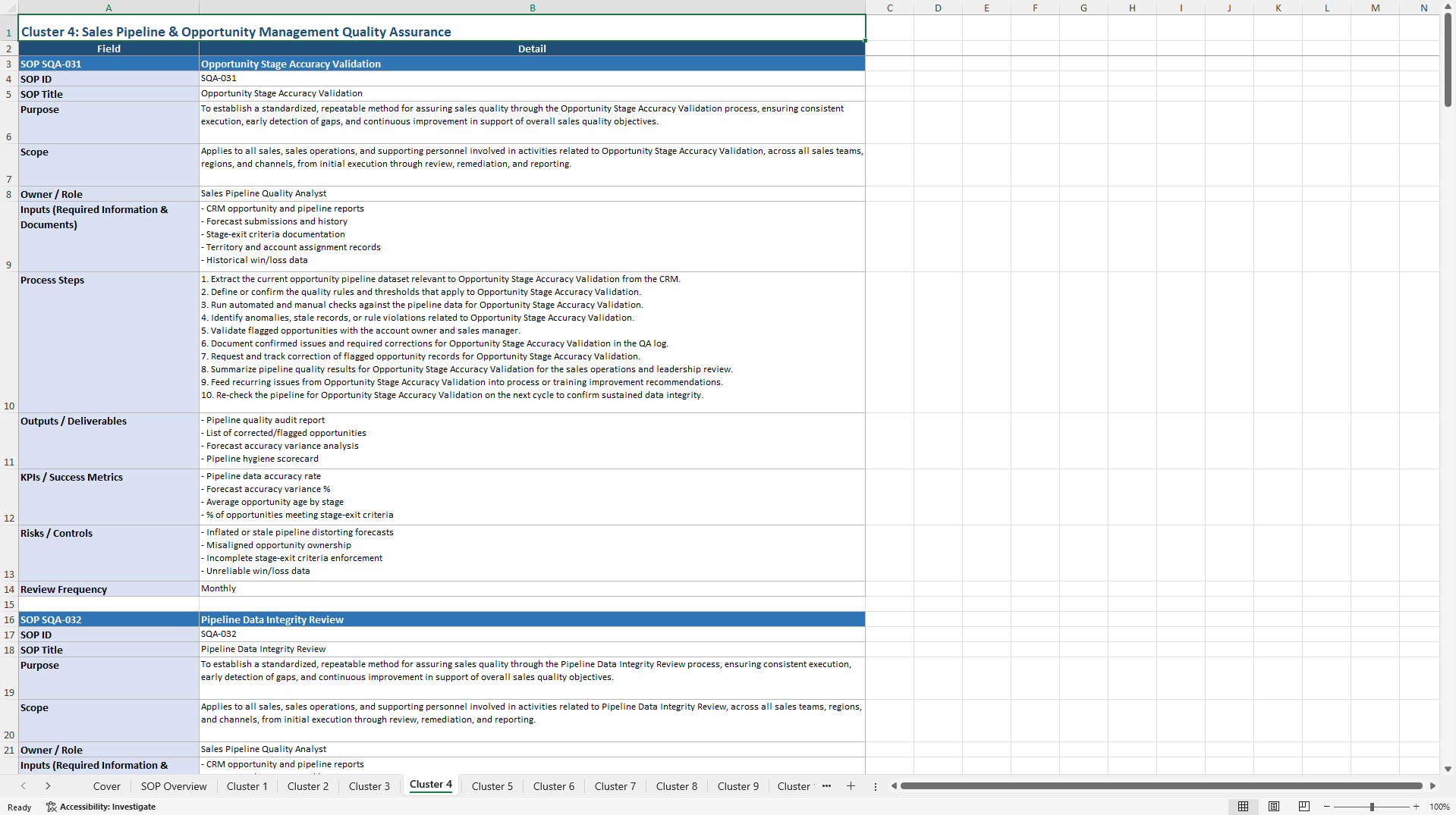100+ Sales Quality Assurance SOPs (Excel template (XLSX)) Preview Image