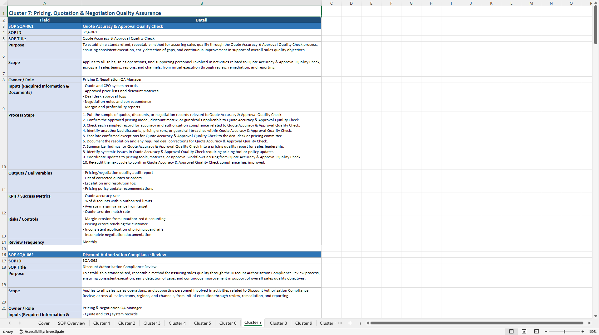 100+ Sales Quality Assurance SOPs (Excel template (XLSX)) Preview Image