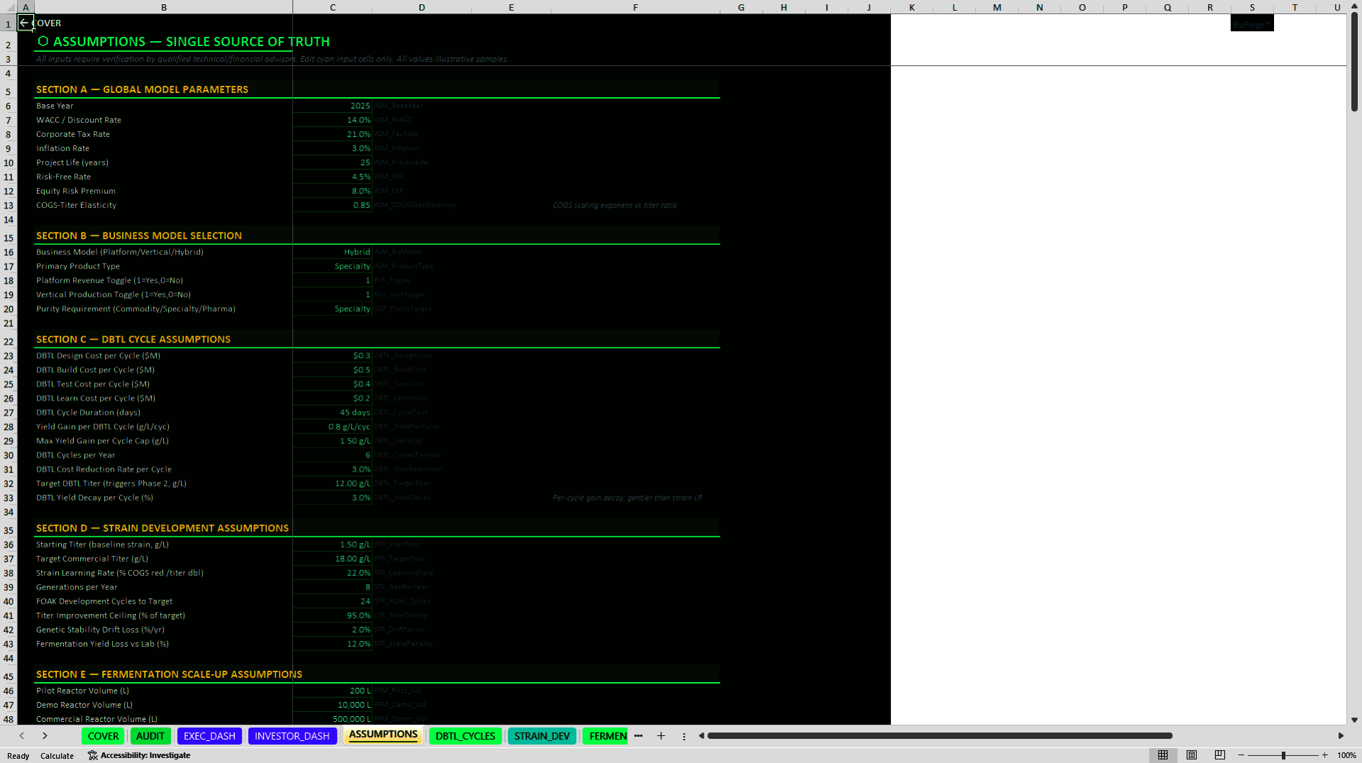 Synthetic Biology and Biofoundry Financial Model (Excel template (XLSX)) Preview Image