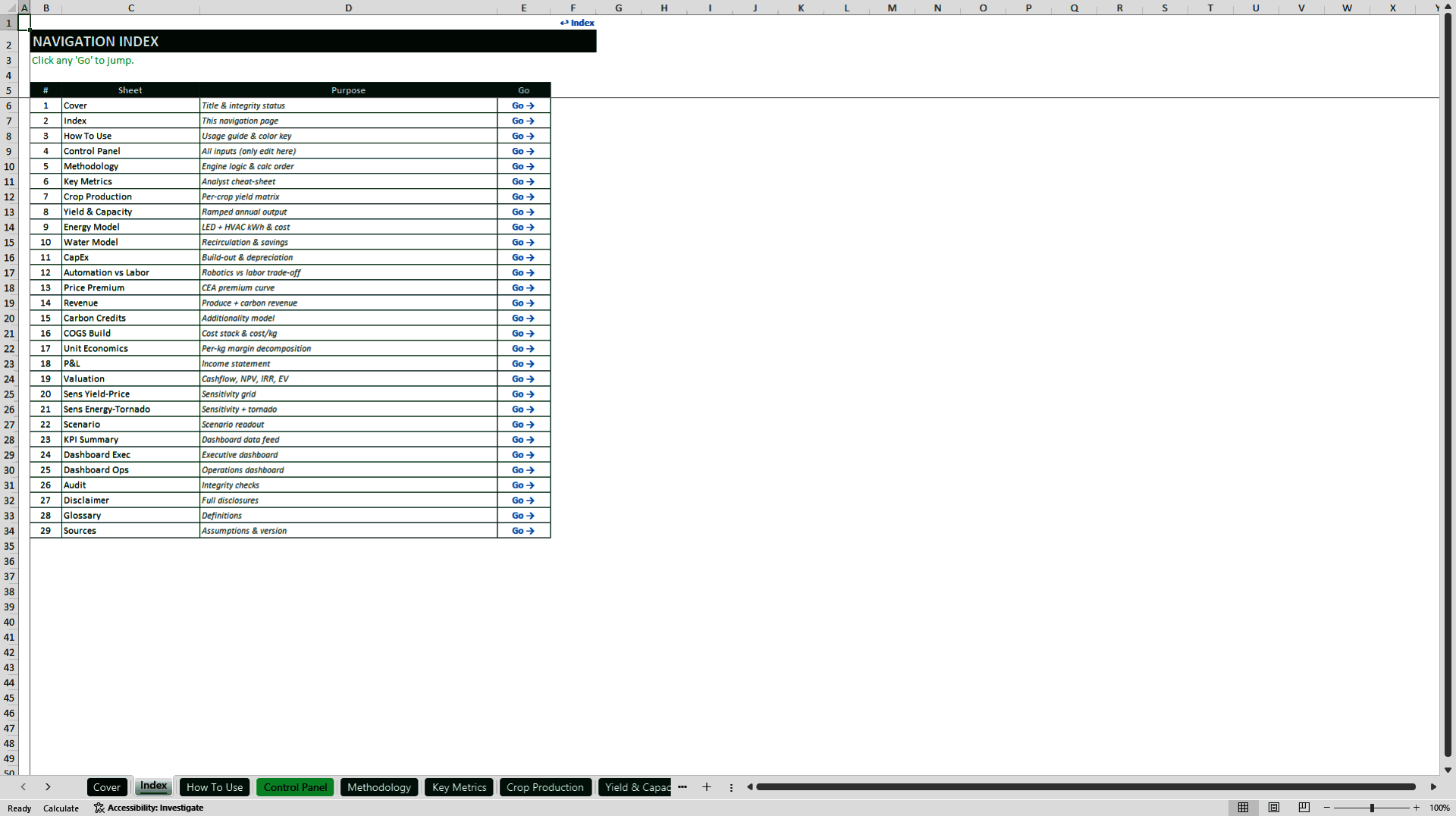 Vertical Farming Financial and Valuation Model (Excel template (XLSX)) Preview Image