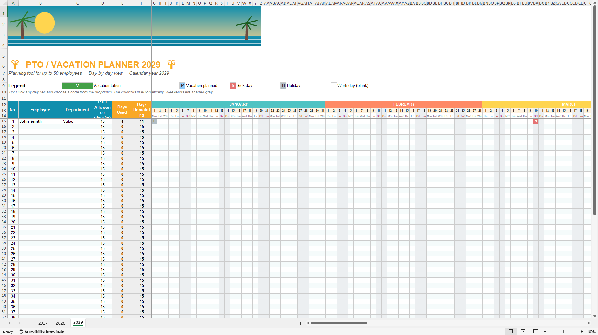 Comprehensive Employee Vacation and PTO Planner (Excel template (XLSX)) Preview Image