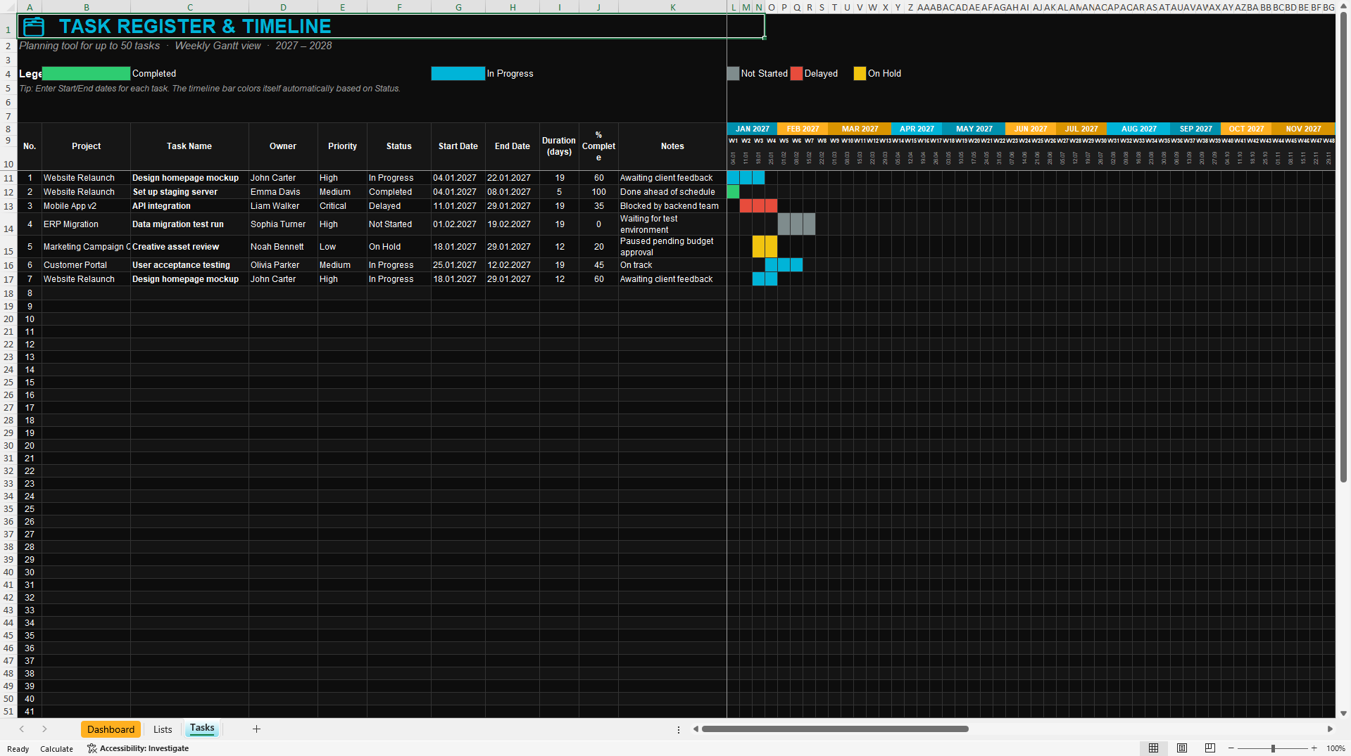 Professional Project Management Tracking Dashboard (Excel template (XLSX)) Preview Image