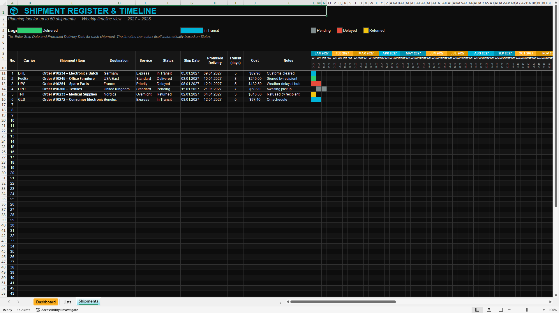 Shipment Tracking Dashboard (Excel template (XLSX)) Preview Image