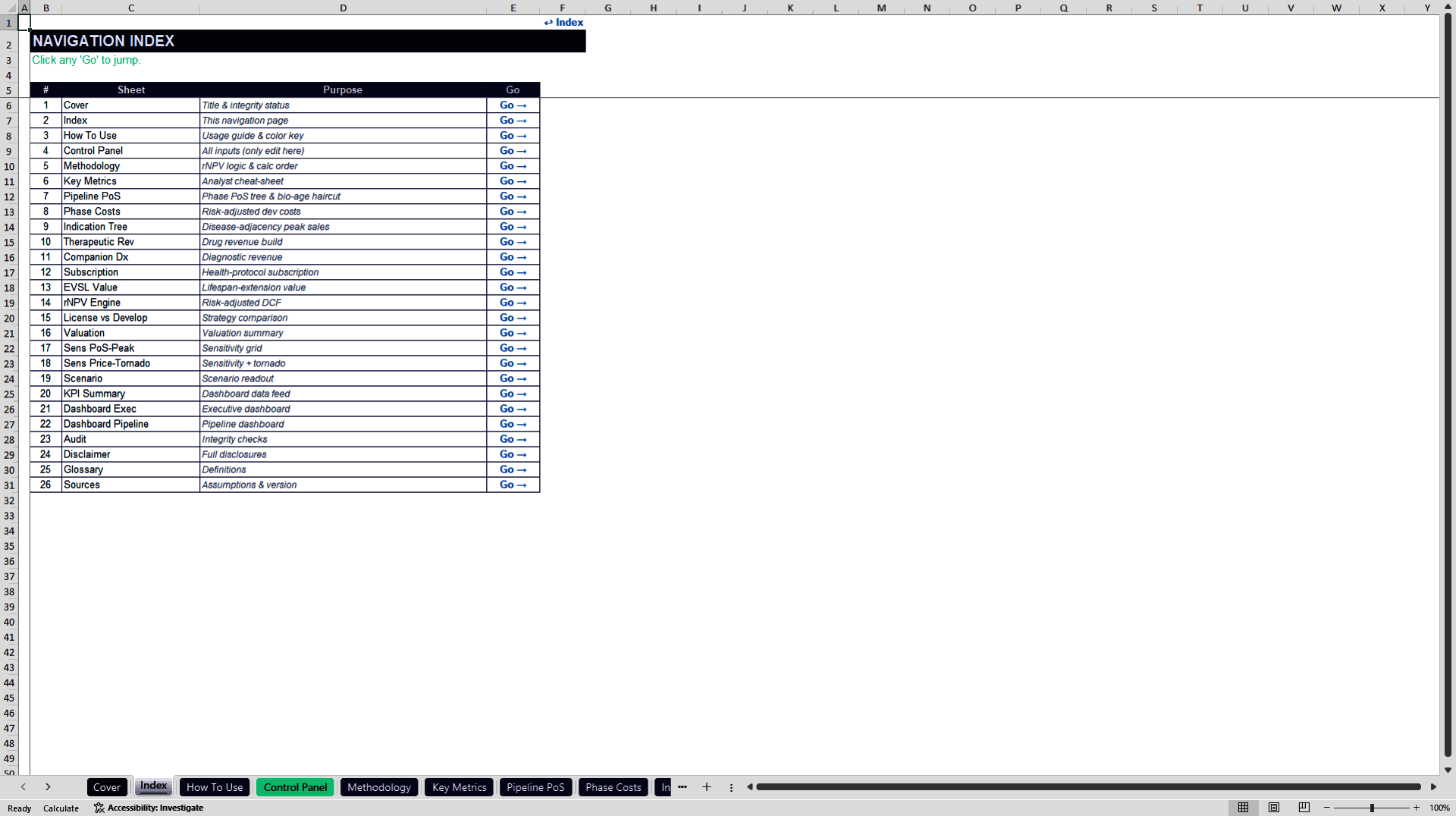 Longevity Biotech rNPV Valuation Model (Excel template (XLSX)) Preview Image