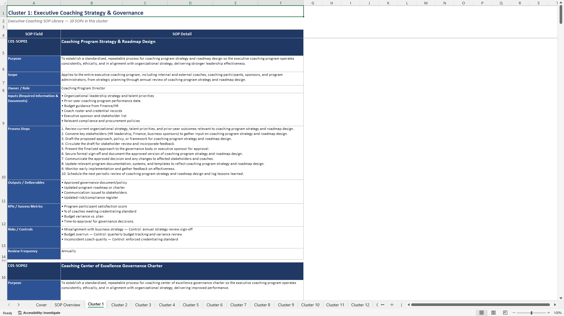 100+ Executive Coaching SOPs (Excel template (XLSX)) Preview Image
